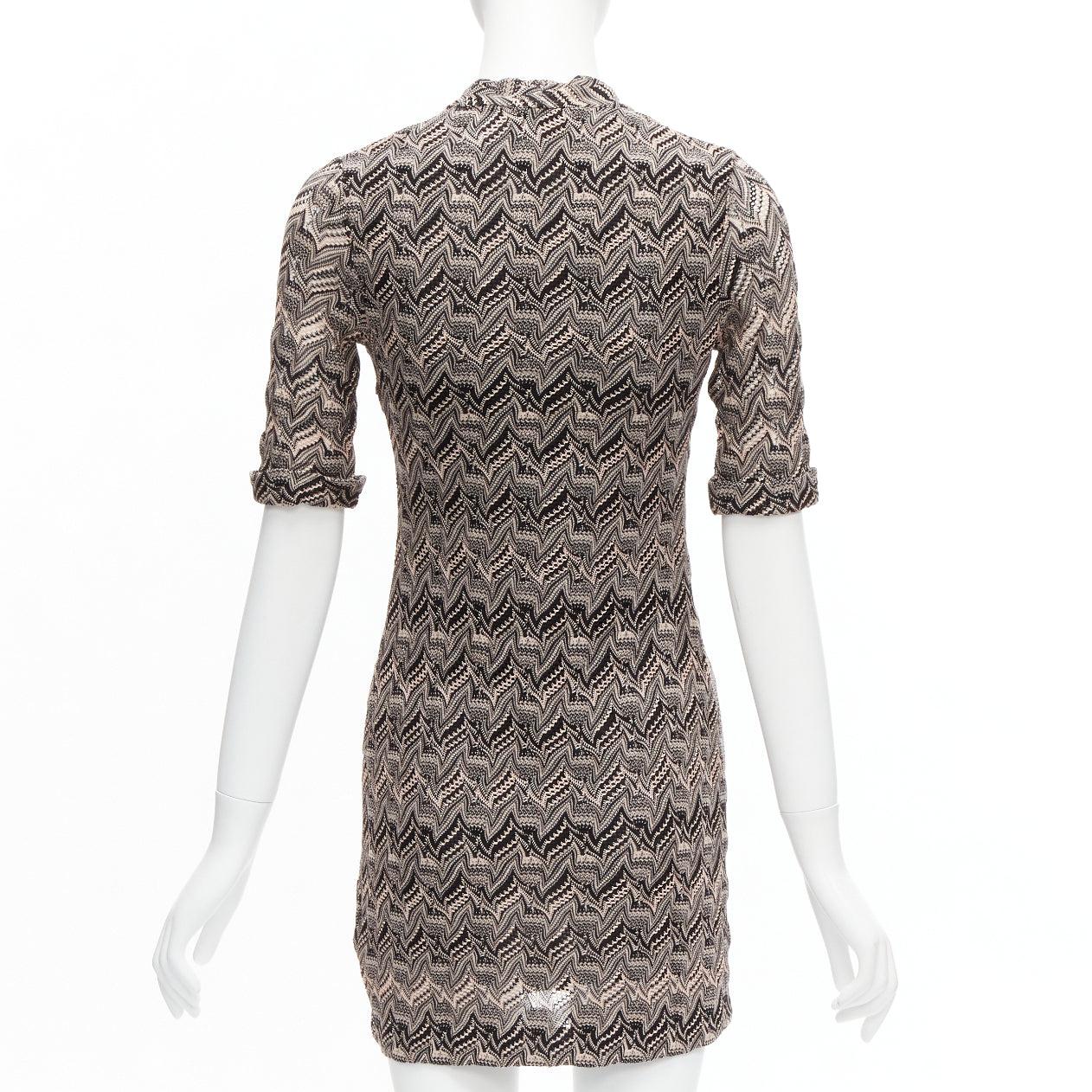 new MISSONI pink black chevron knit lace knit V-neck cuffed sleeve mini dress IT For Sale 1