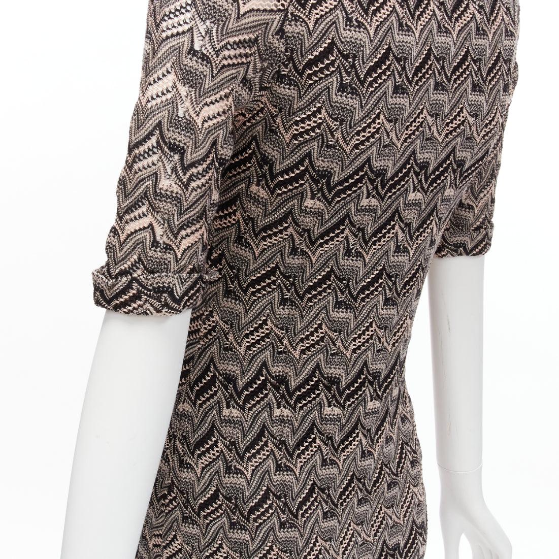 new MISSONI pink black chevron knit lace knit V-neck cuffed sleeve mini dress IT For Sale 4