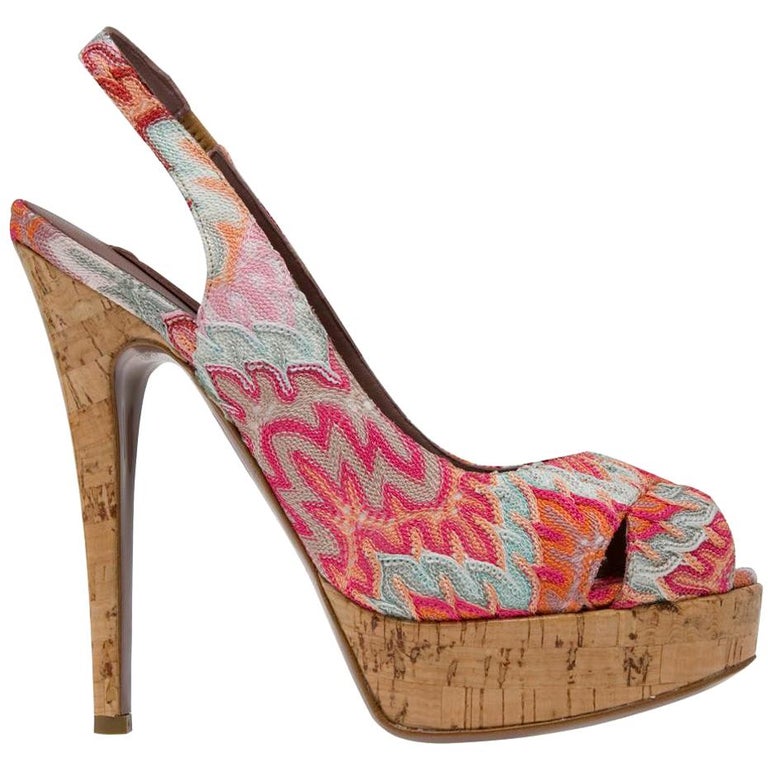 NEW Missoni Pink Crochet Knit Peep Toe Sling Back Cork Sandals High