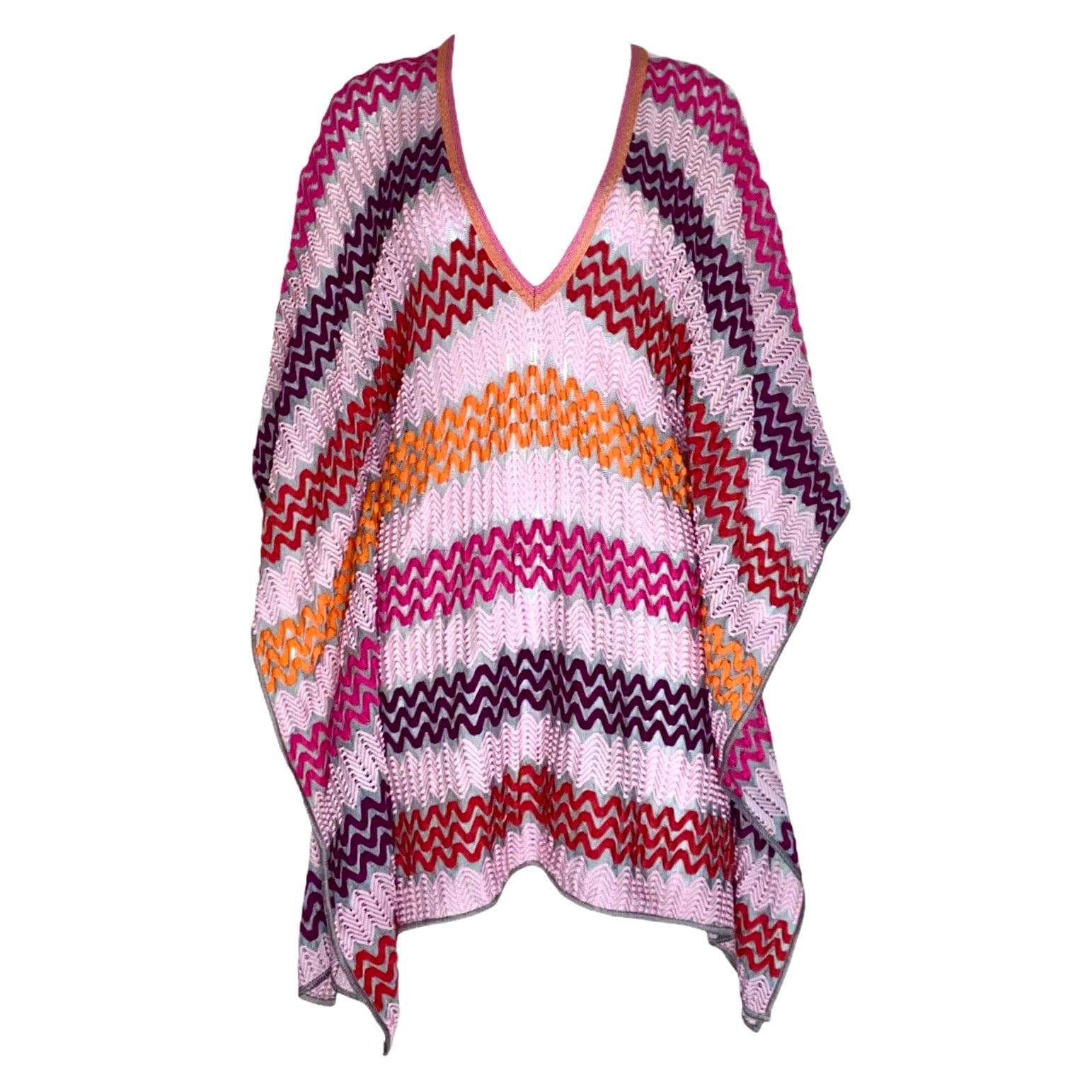 NEW Missoni Pink Multicolor Crochet Knit Kaftan Tunic Cover Up Dress S