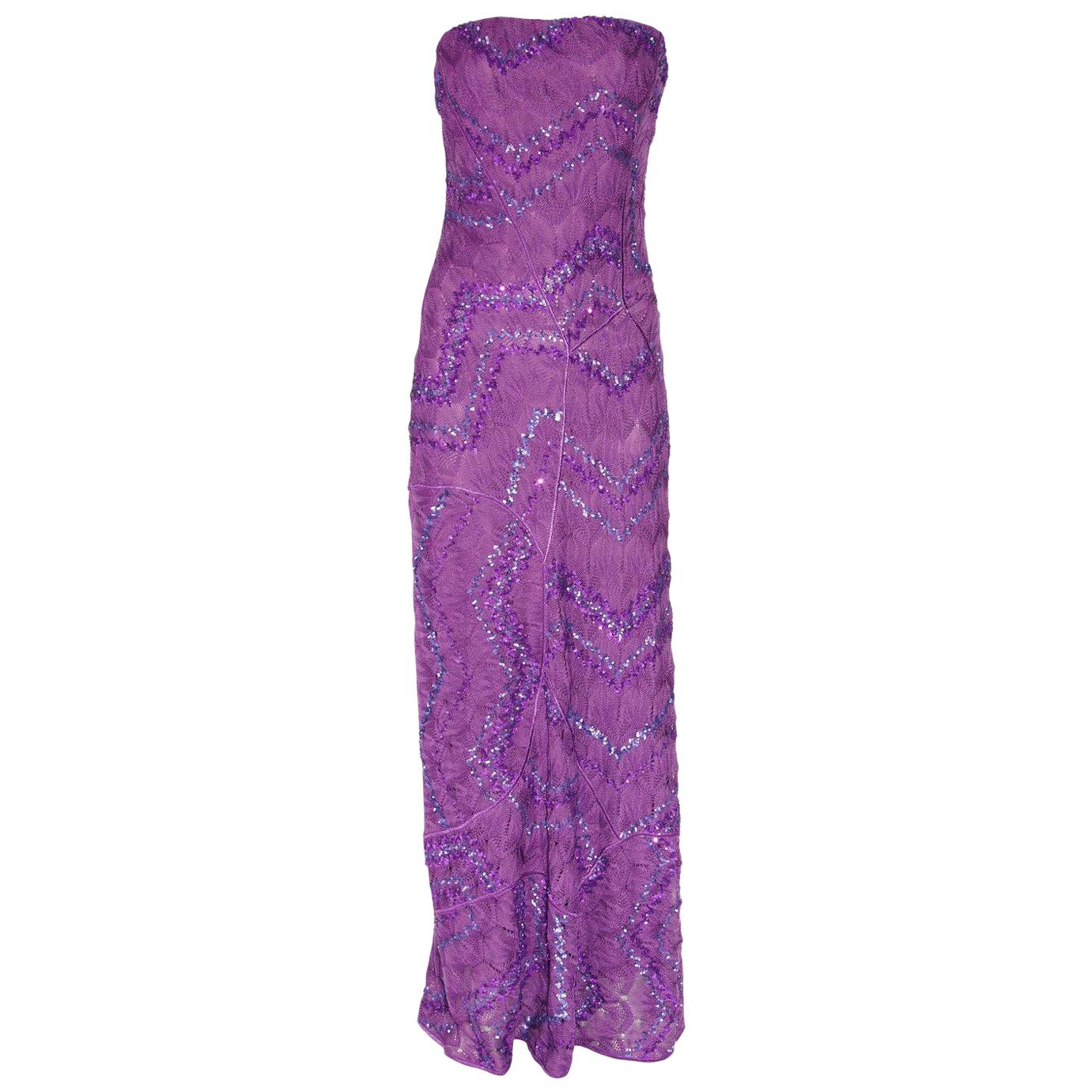NEW Missoni Purple Embroidered Crochet Knit Evening Gown Maxi Dress 42 For Sale
