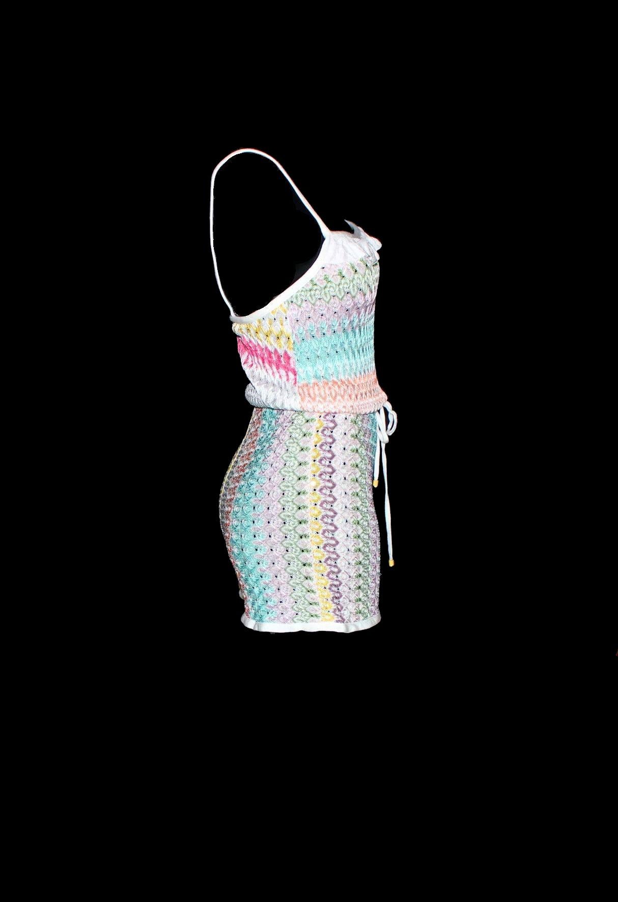 Beige Missoni - Combinaison-jupe courte en maille crochet froncée, taille totale 40, état neuf en vente