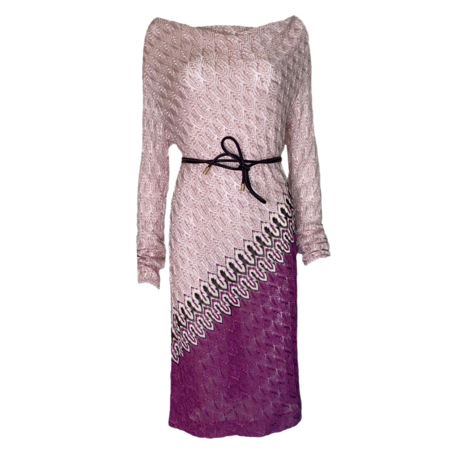 Women's NEW Missoni Signature Chevron ZigZag Crochet Knit Dress with Leather Belt 42 For Sale
