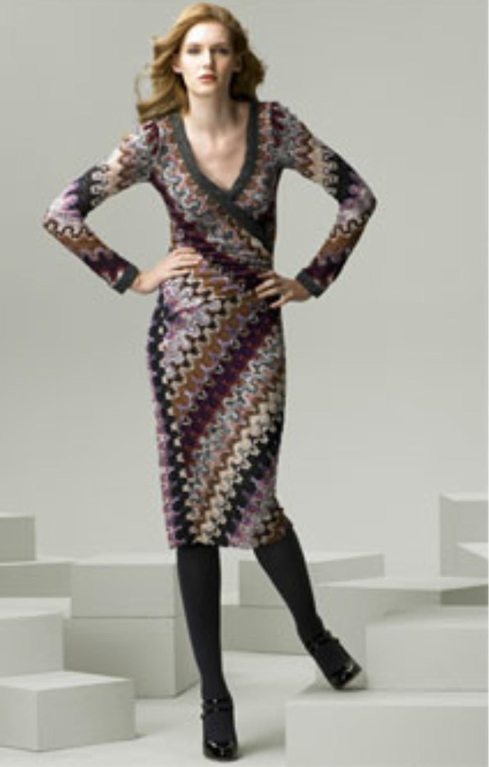 NEW Missoni Signature Chevron Zigzag Knit Faux Wrap Dress 40 For Sale 2