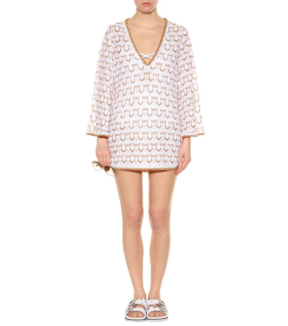 Beige NEW Missoni Signature White & Gold Metallic Knit Dress Kaftan Cover Up 40 For Sale