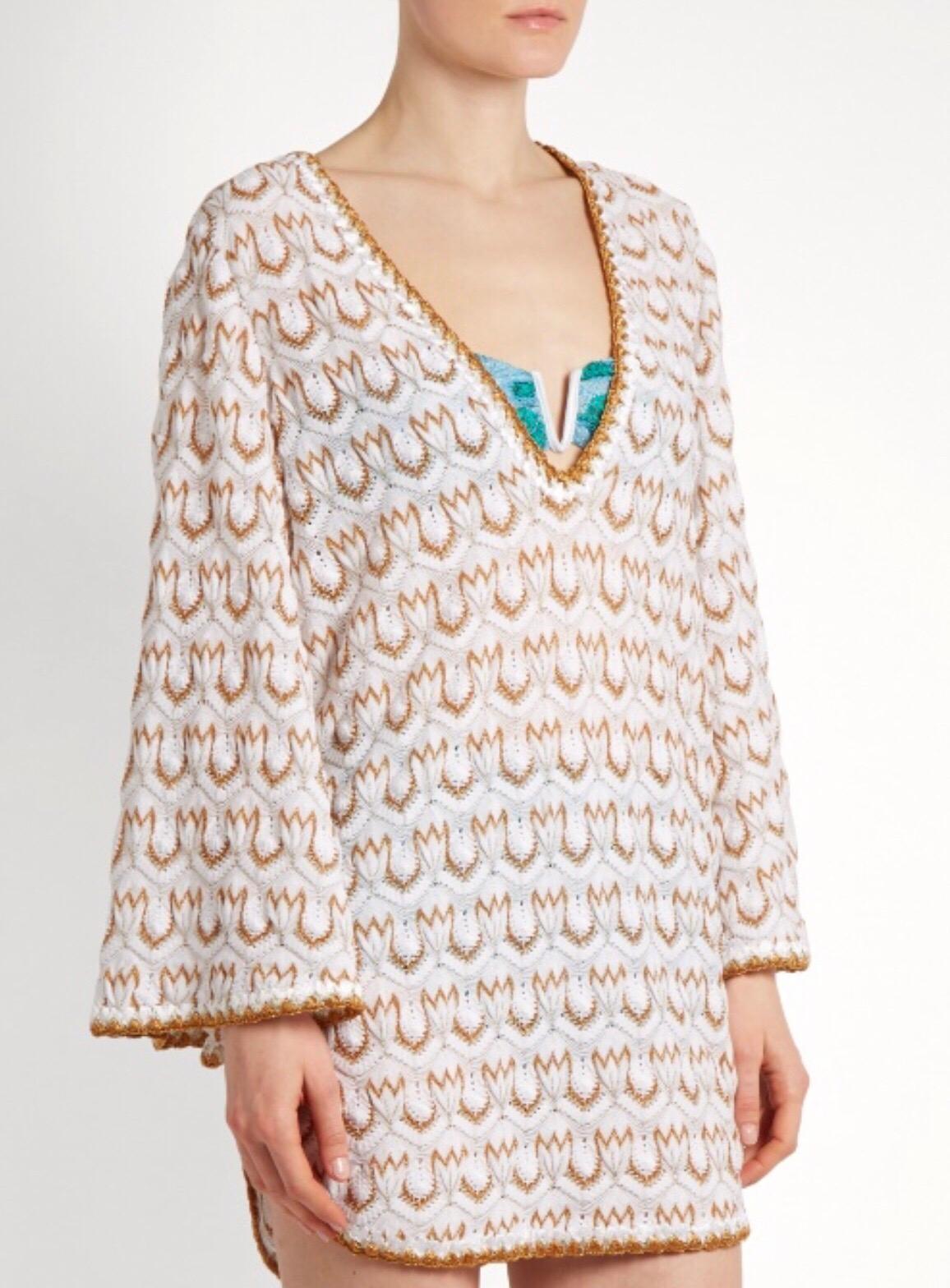 NEW Missoni Signature White & Gold Metallic Knit Dress Kaftan Cover Up 40 For Sale 3