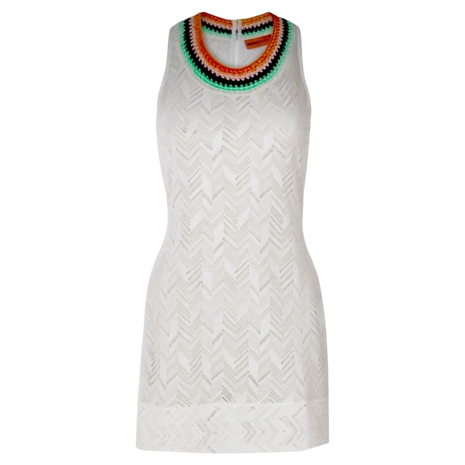 NEW Missoni White Chevron Crochet Knit Dress with Multicolor Trimmings 40