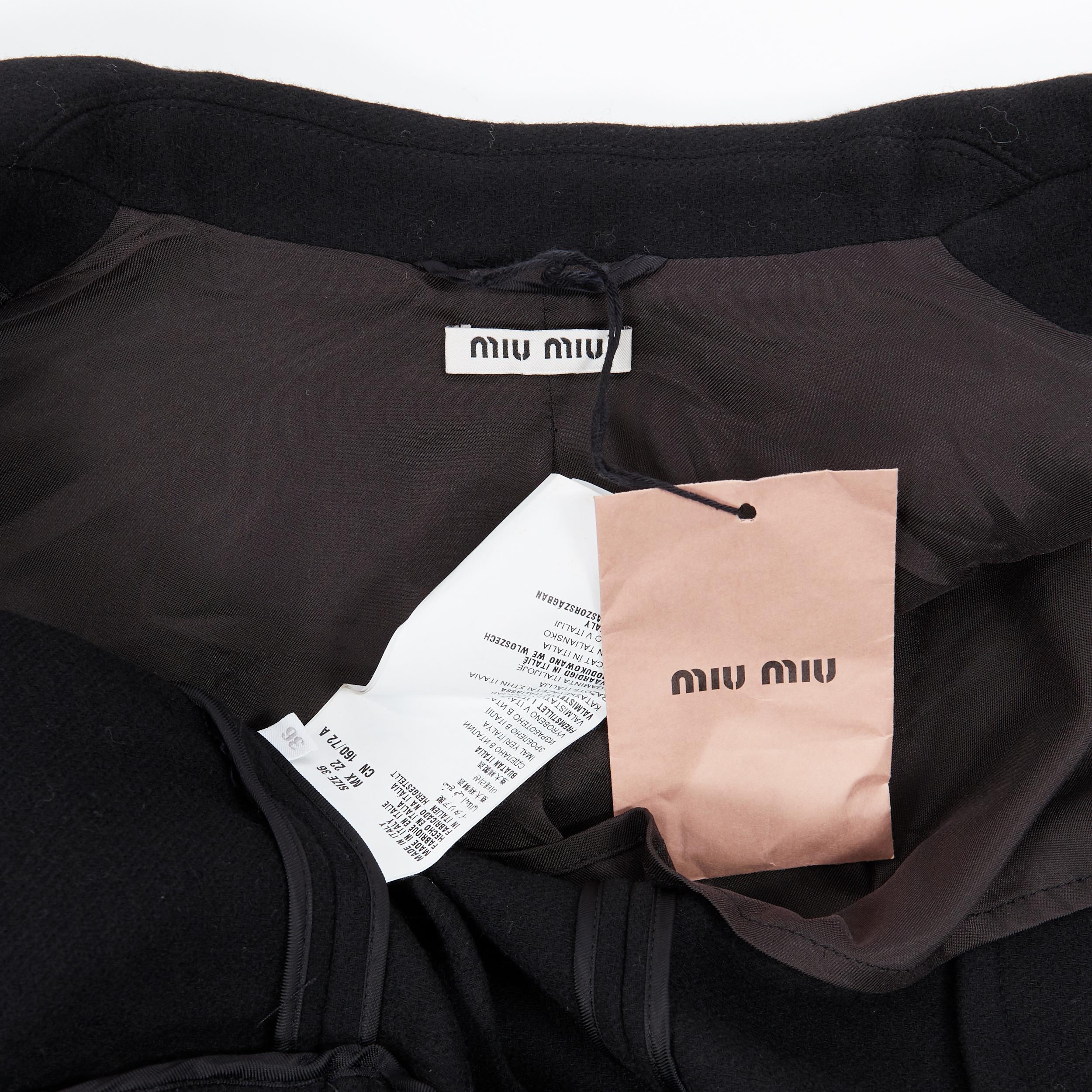 new MIU MIU 2013 black virgin wool leather belted fit flared winter coat IT36 XS 2