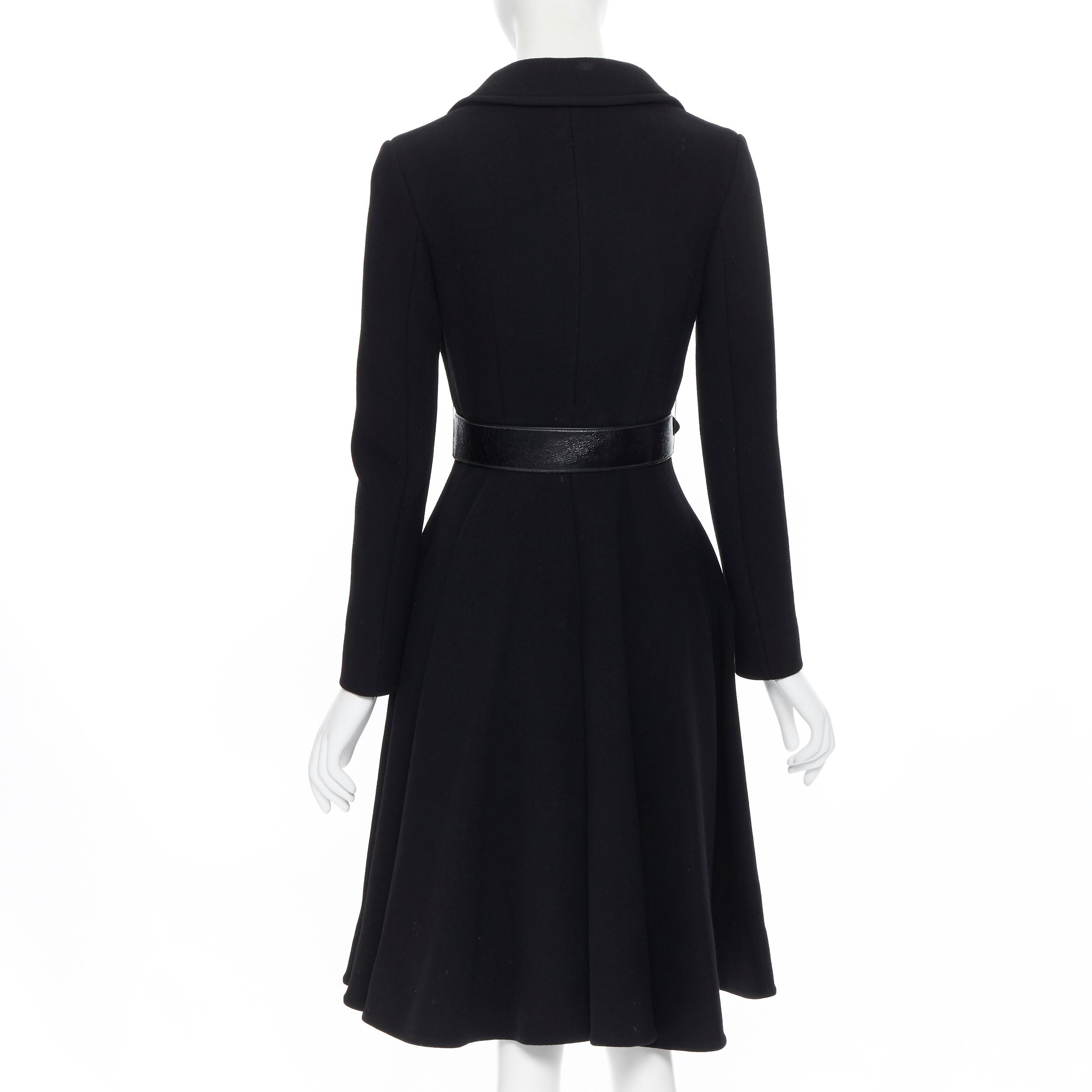 new MIU MIU 2013 black virgin wool leather belted fit flared winter coat IT36 XS In New Condition In Hong Kong, NT