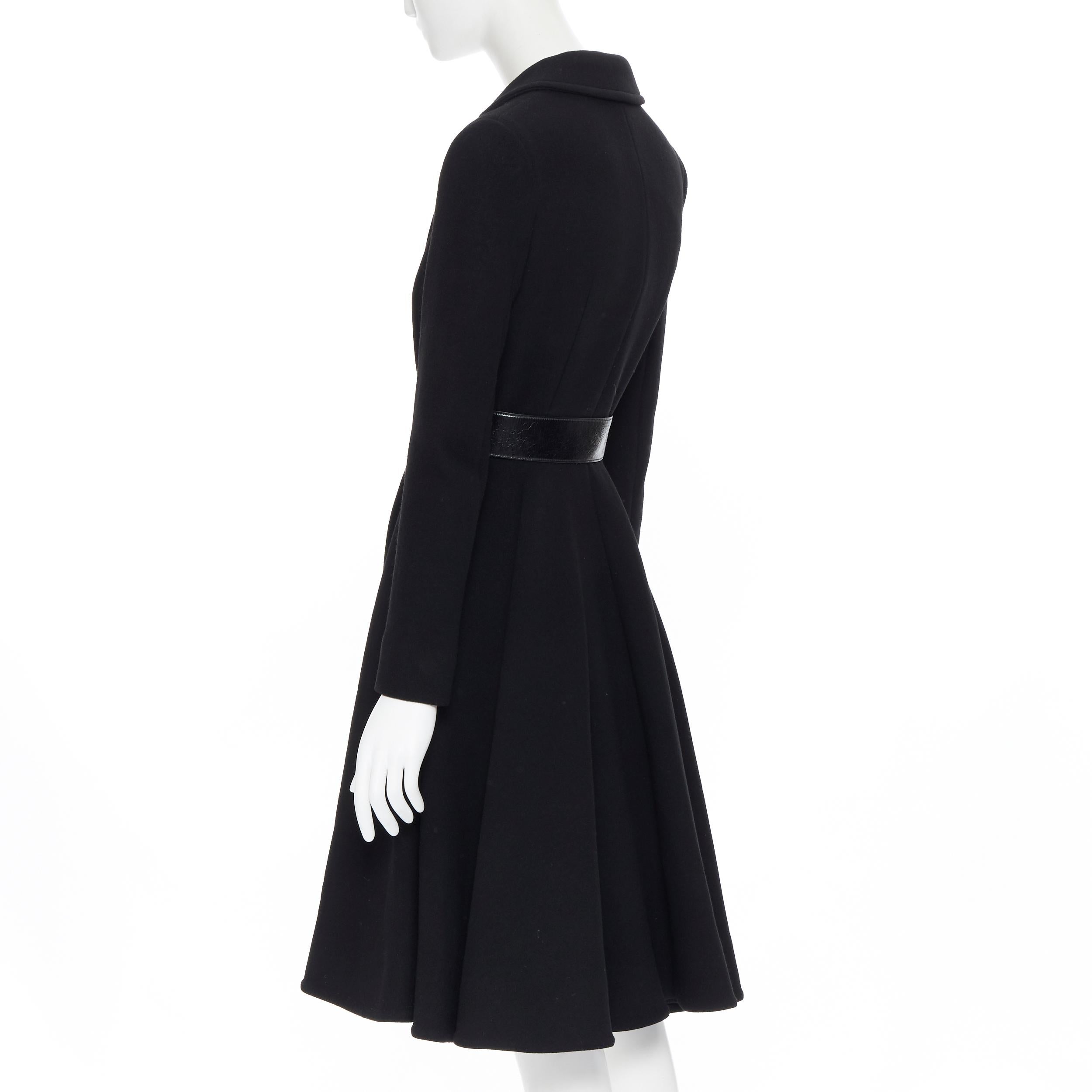 Women's new MIU MIU 2013 black virgin wool leather belted fit flared winter coat IT36 XS