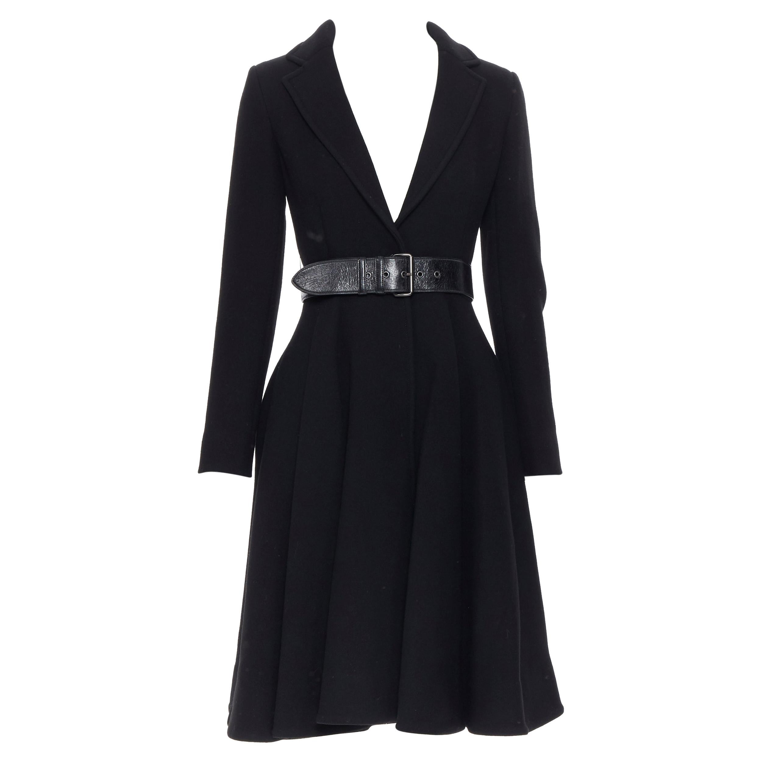 new MIU MIU 2013 black virgin wool leather belted fit flared winter coat IT36 XS