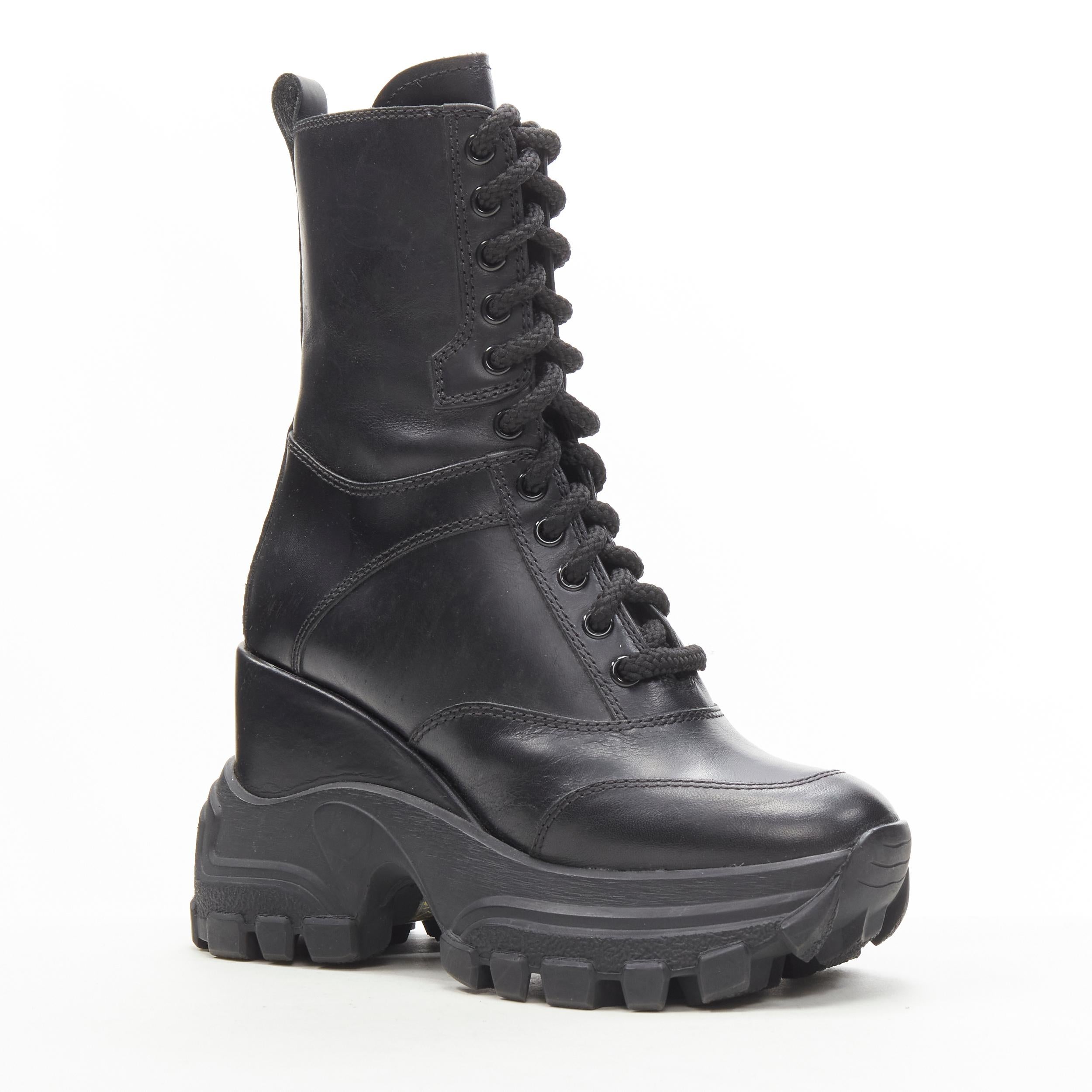 new MIU MIU 2019 Runway black leather chunky platform wedge combat boot EU36 In New Condition In Hong Kong, NT