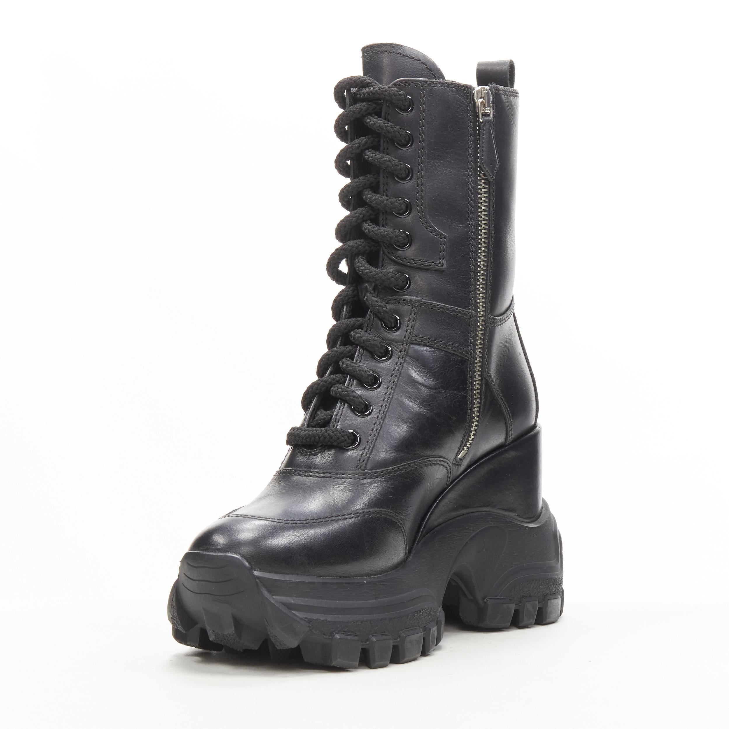 Women's new MIU MIU 2019 Runway black leather chunky platform wedge combat boot EU36