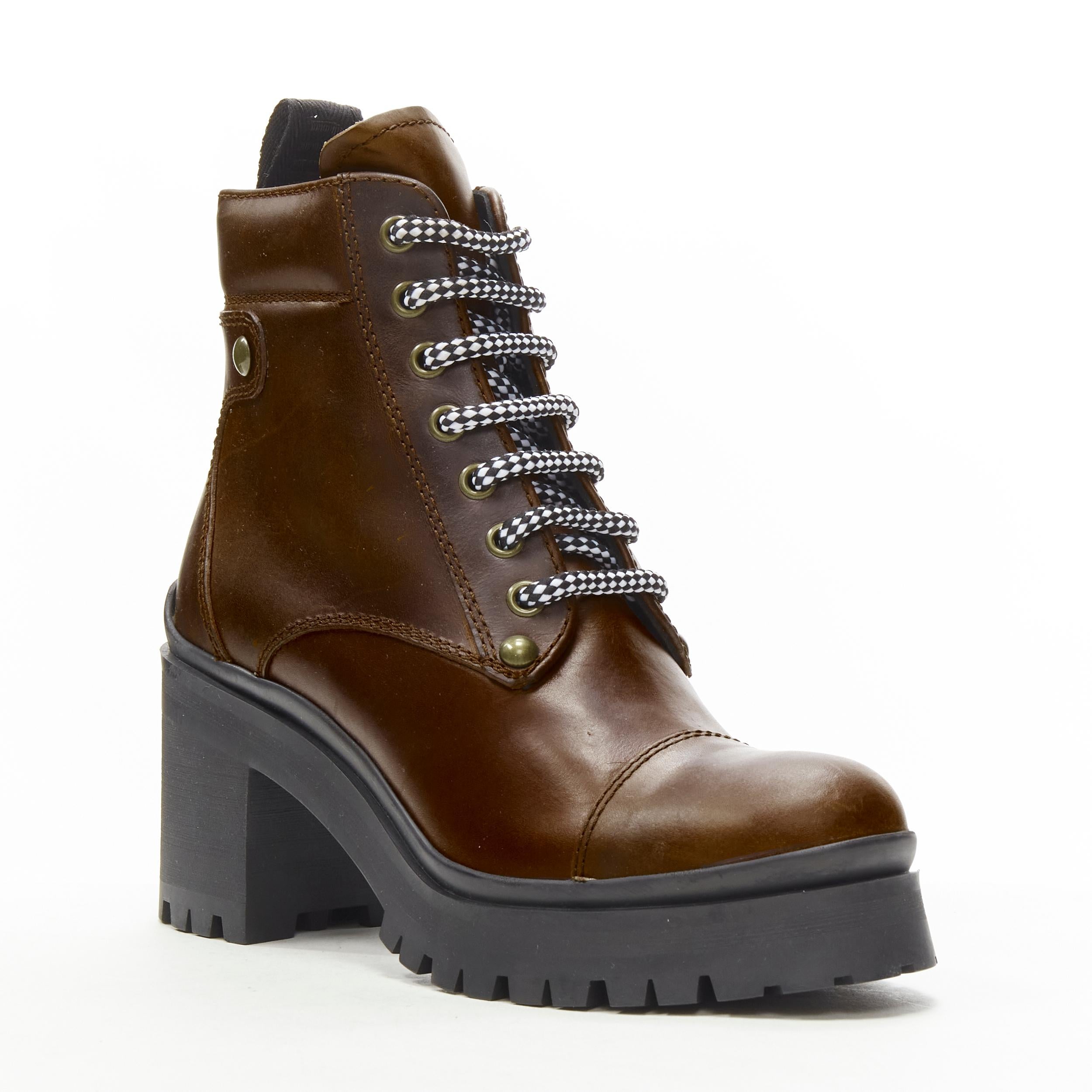 Black new MIU MIU 2019 Vintage brushed brown leather block heel Alpine boots EU36.5 For Sale