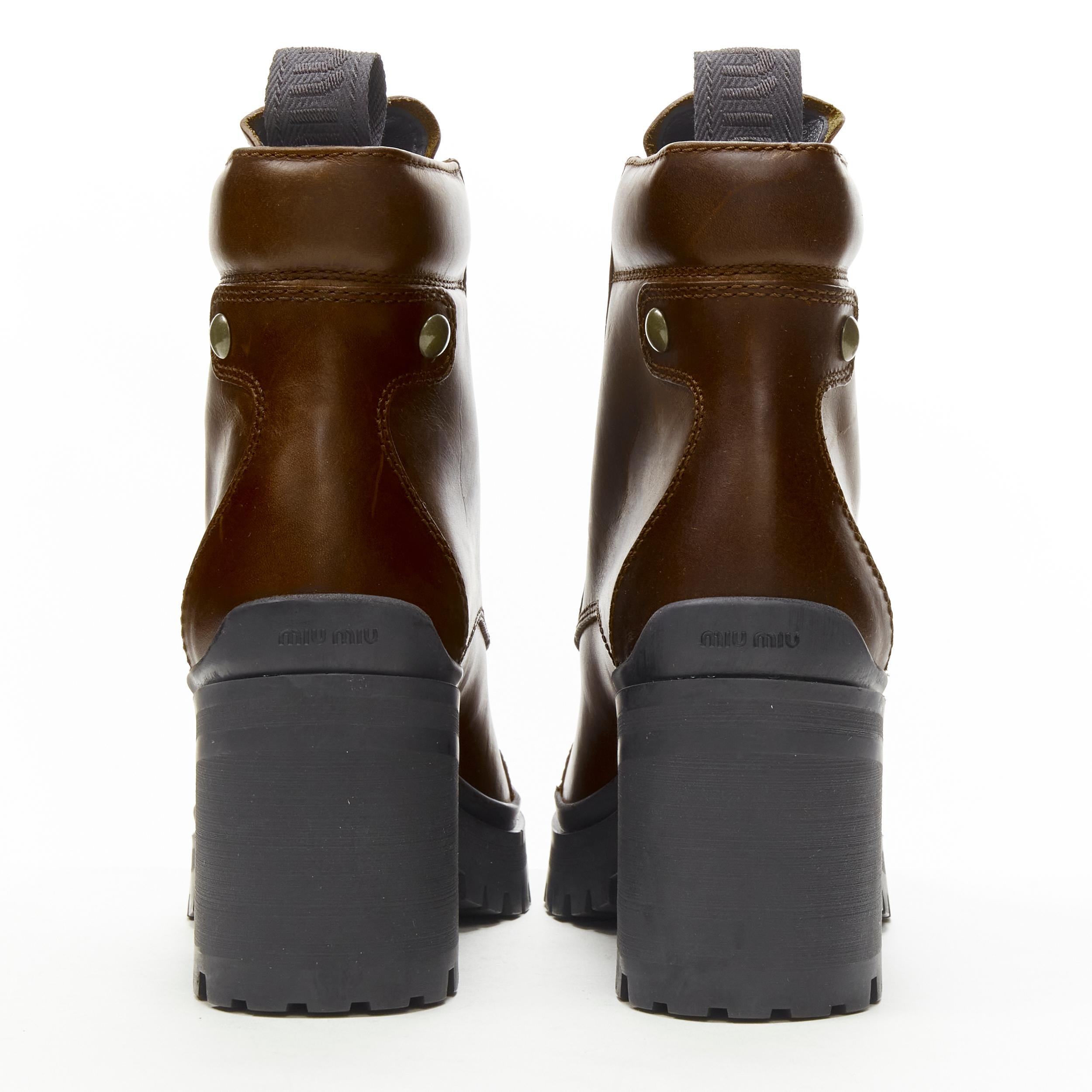 Women's new MIU MIU 2019 Vintage brushed brown leather block heel Alpine boots EU36.5 For Sale