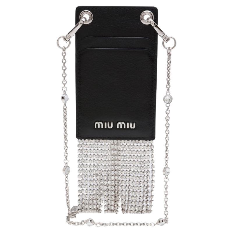 NEW Miu Miu Black Crystal Embellished Leather Lanyard Card Case Crossbody Bag For Sale