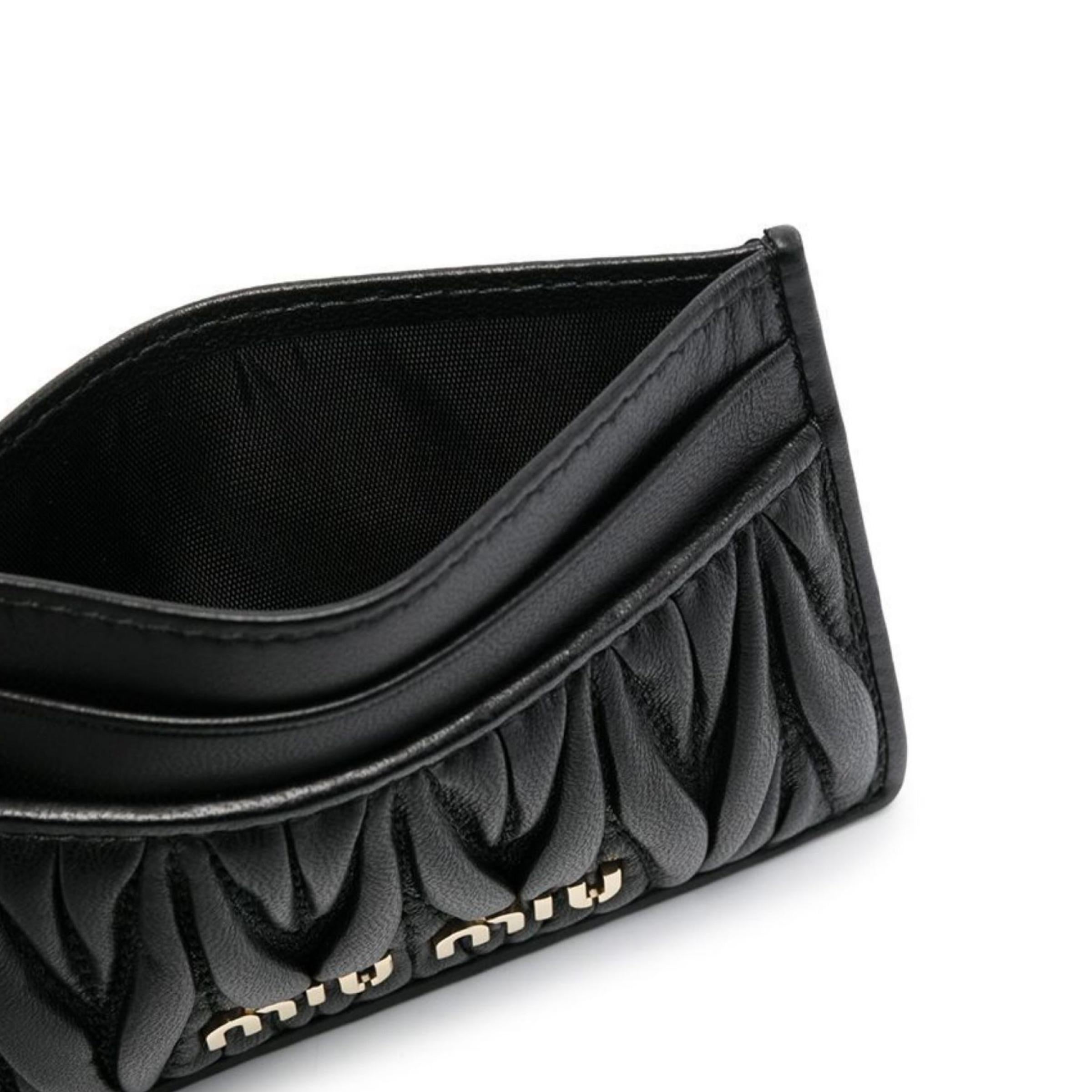 NEW Miu Miu Black Nappa Quilted Leather Card Holder Wallet 1
