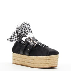 new MIU MIU black satin espadrille platform punk ribbon ballerina flats EU37