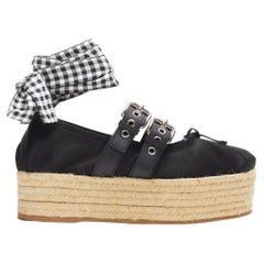 new MIU MIU black satin espadrille platform punk ribbon ballerina flats EU37