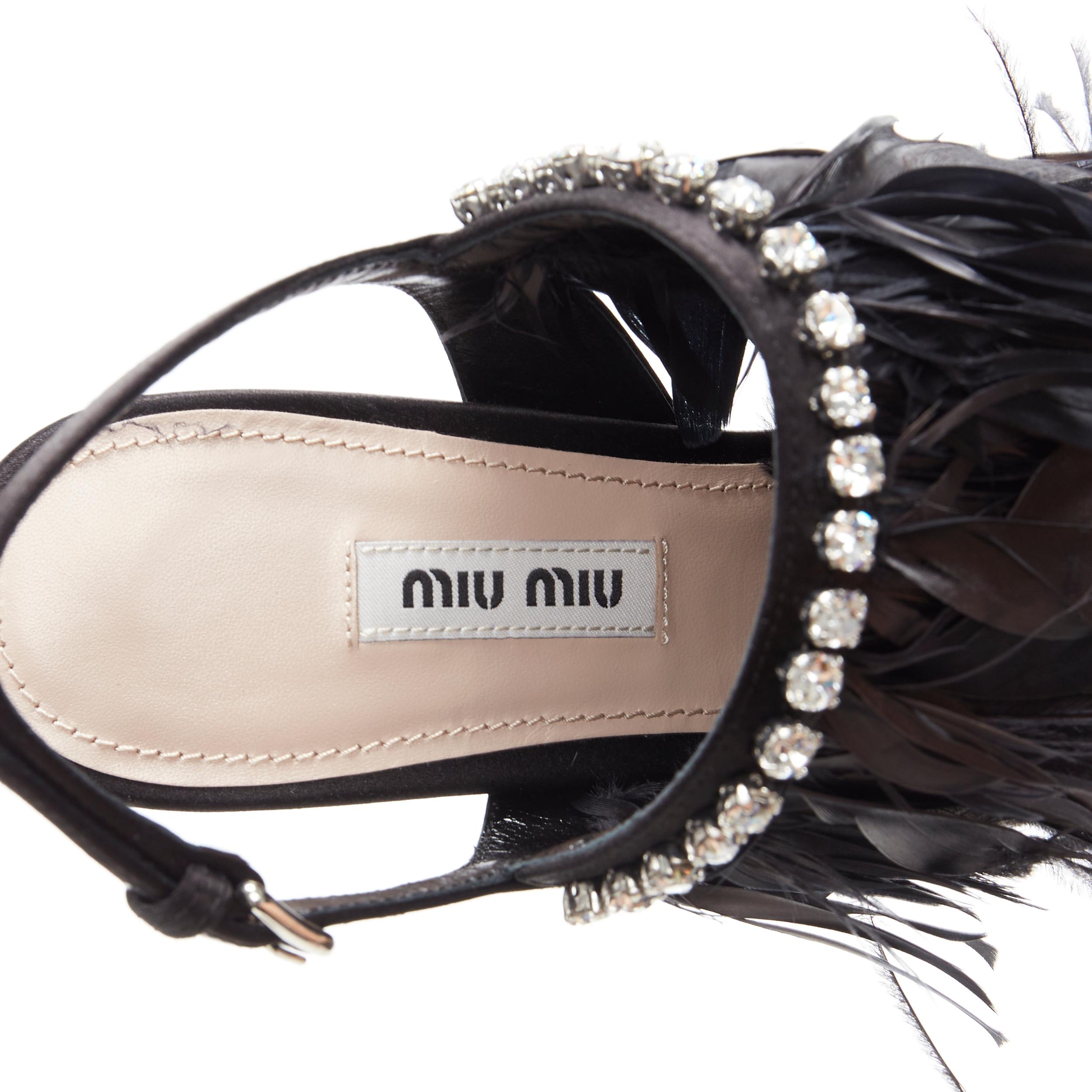 new MIU MIU black satin feather crystal embellished platform heel sandals EU37 2