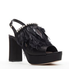 new MIU MIU black satin feather crystal embellished platform heel sandals EU37