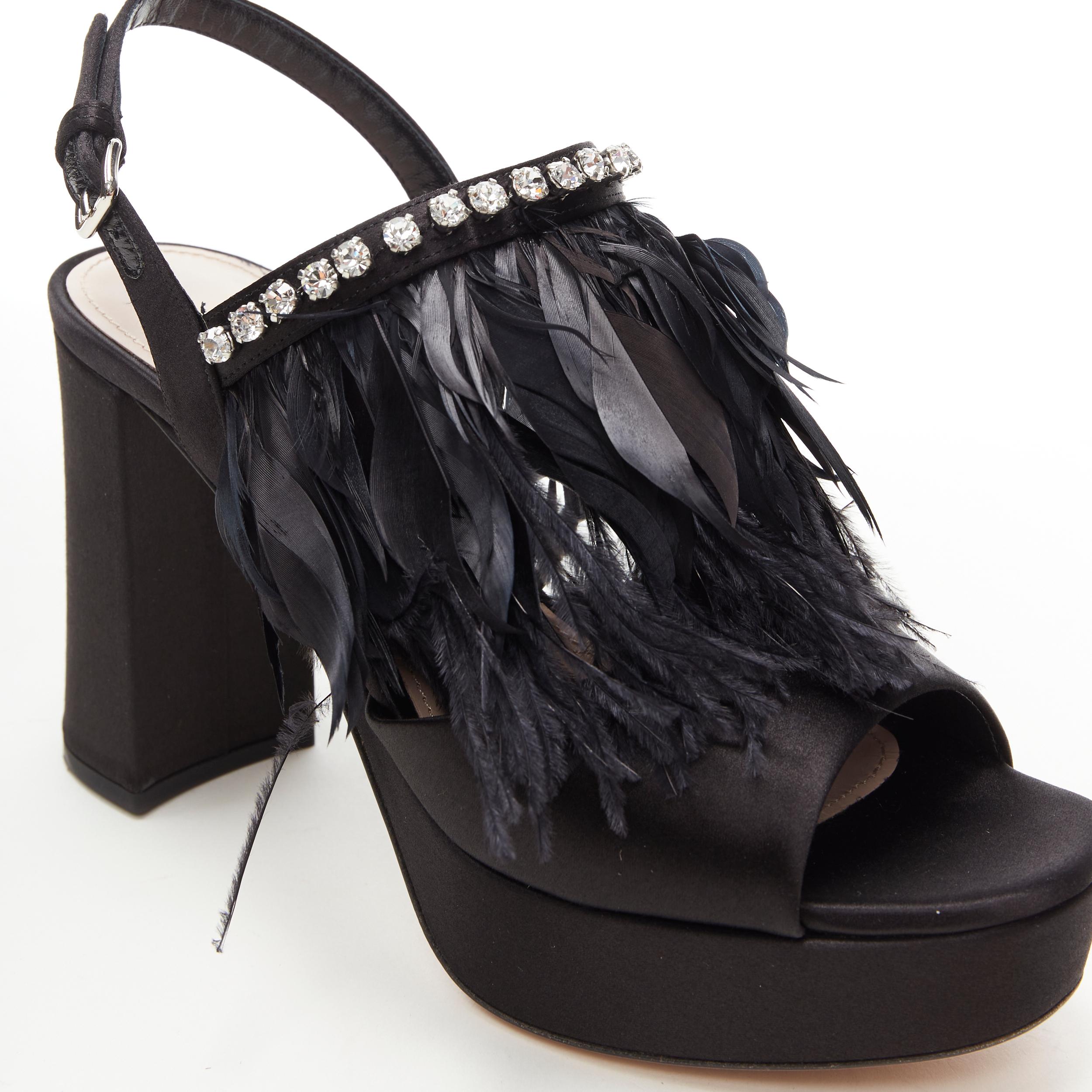 Women's new MIU MIU black satin feather crystal embellished platform heel sandals EU37