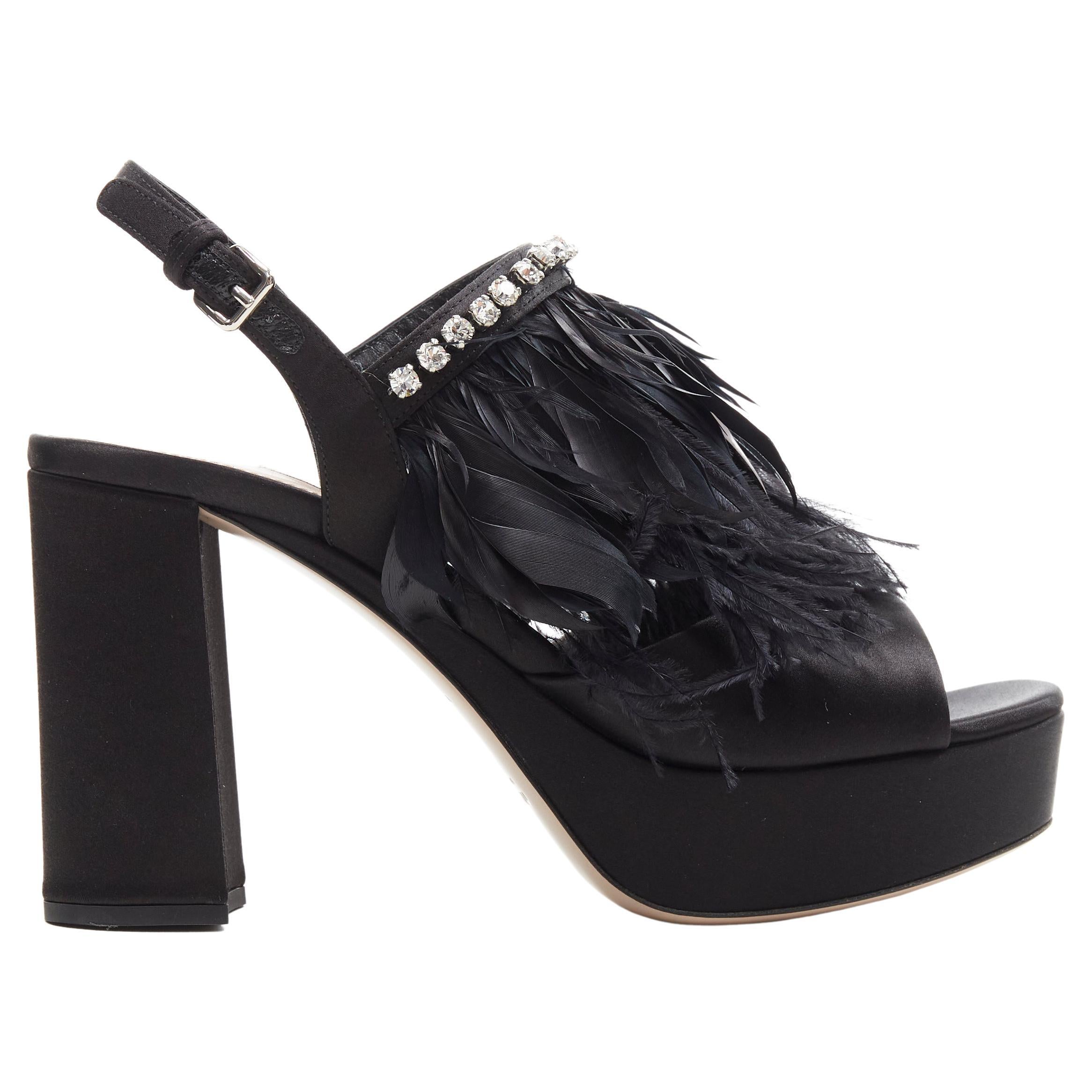 new MIU MIU black satin feather crystal embellished platform heel sandals  EU37.5 For Sale at 1stDibs