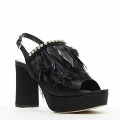new MIU MIU black silk satin feather jewel crystal platform sandal mule EU38