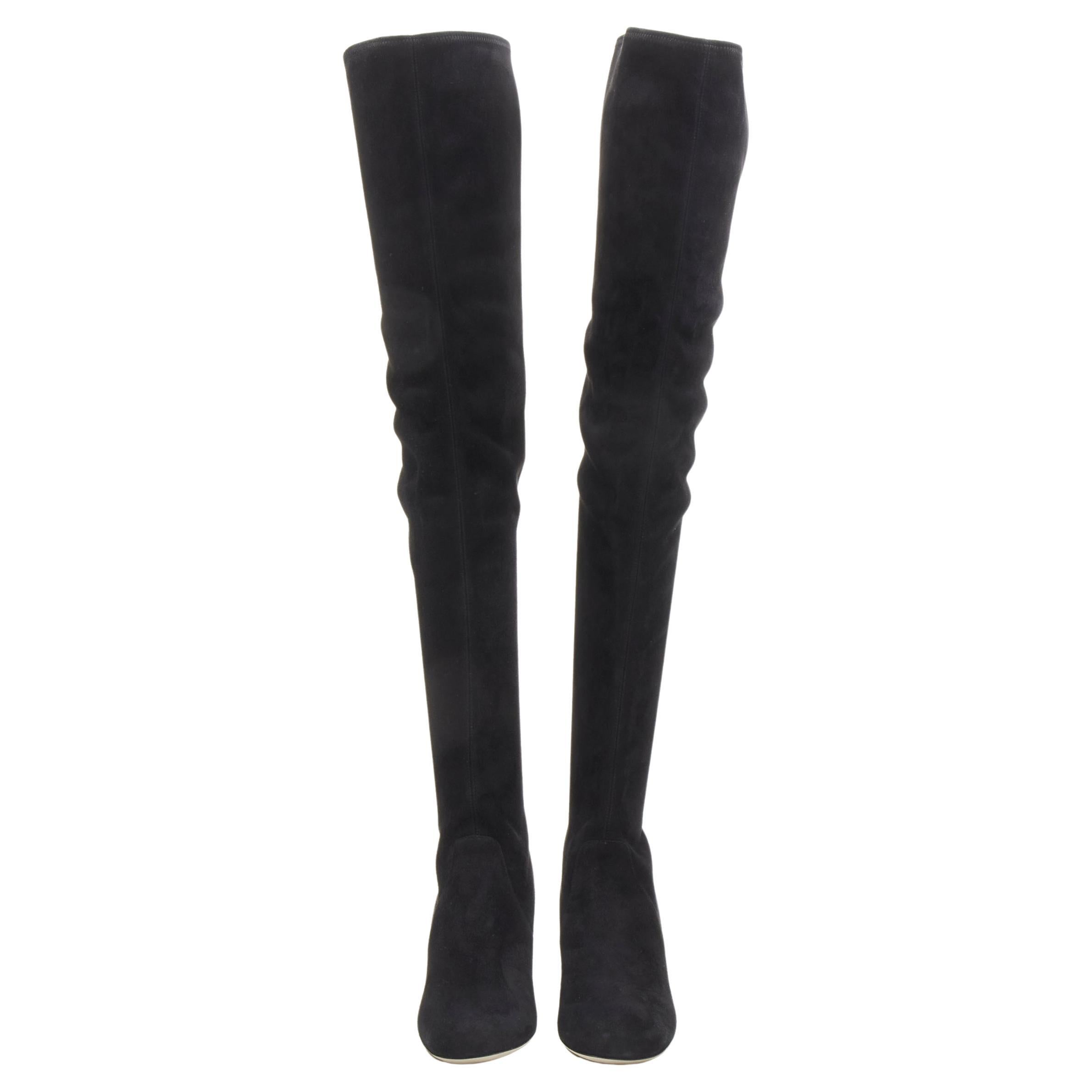 new MIU MIU black suede jewelled crystal heel pull on over knee boot EU36
Brand: Miu Miu
Designer: Miuccia Prada
Collection: 2019 
Material: Suede
Color: Black
Pattern: Solid
Closure: Zip
Extra Detail: Black soft suede laether upper. Round toe.