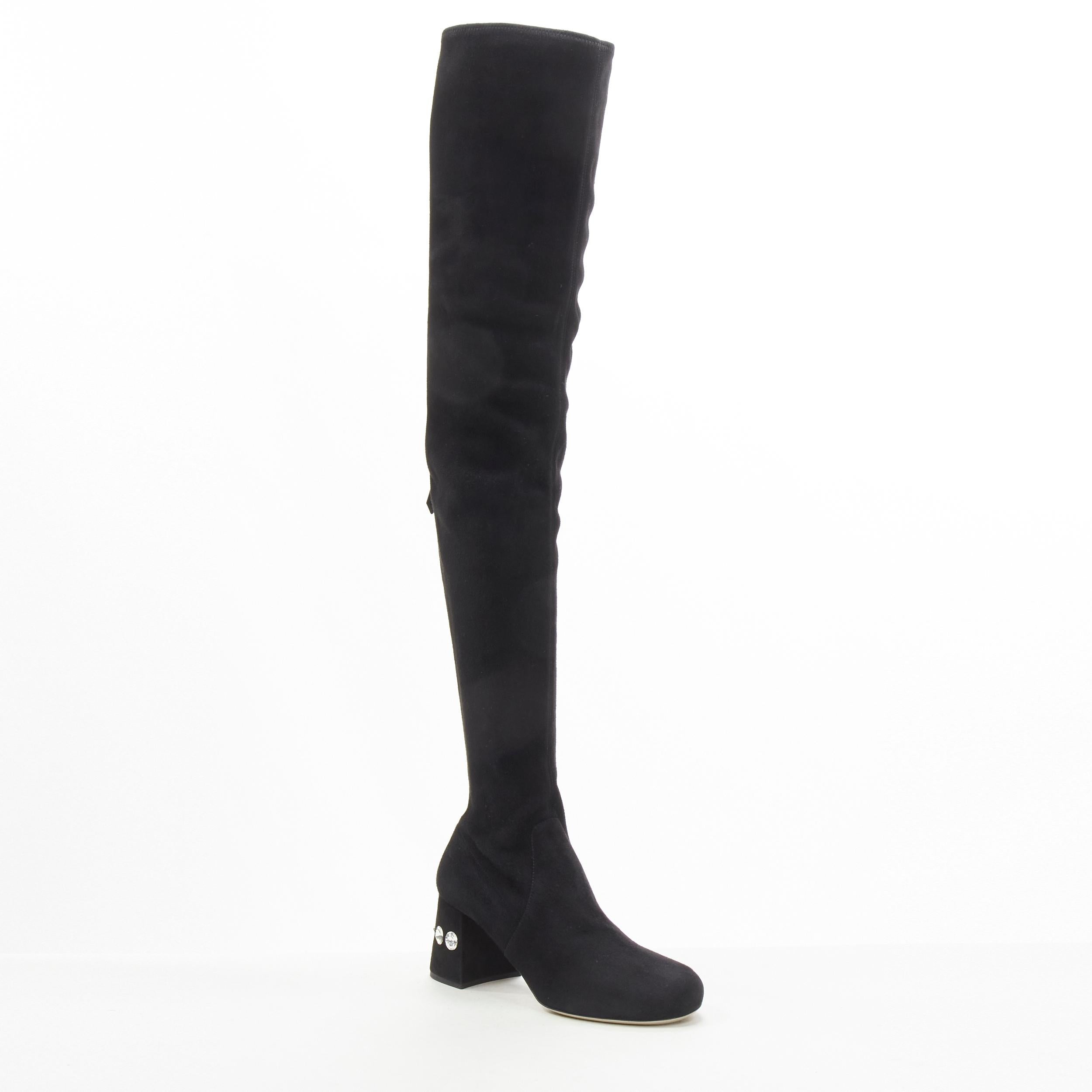 new MIU MIU black suede jewelled crystal heel pull on over knee boot EU36 In New Condition In Hong Kong, NT