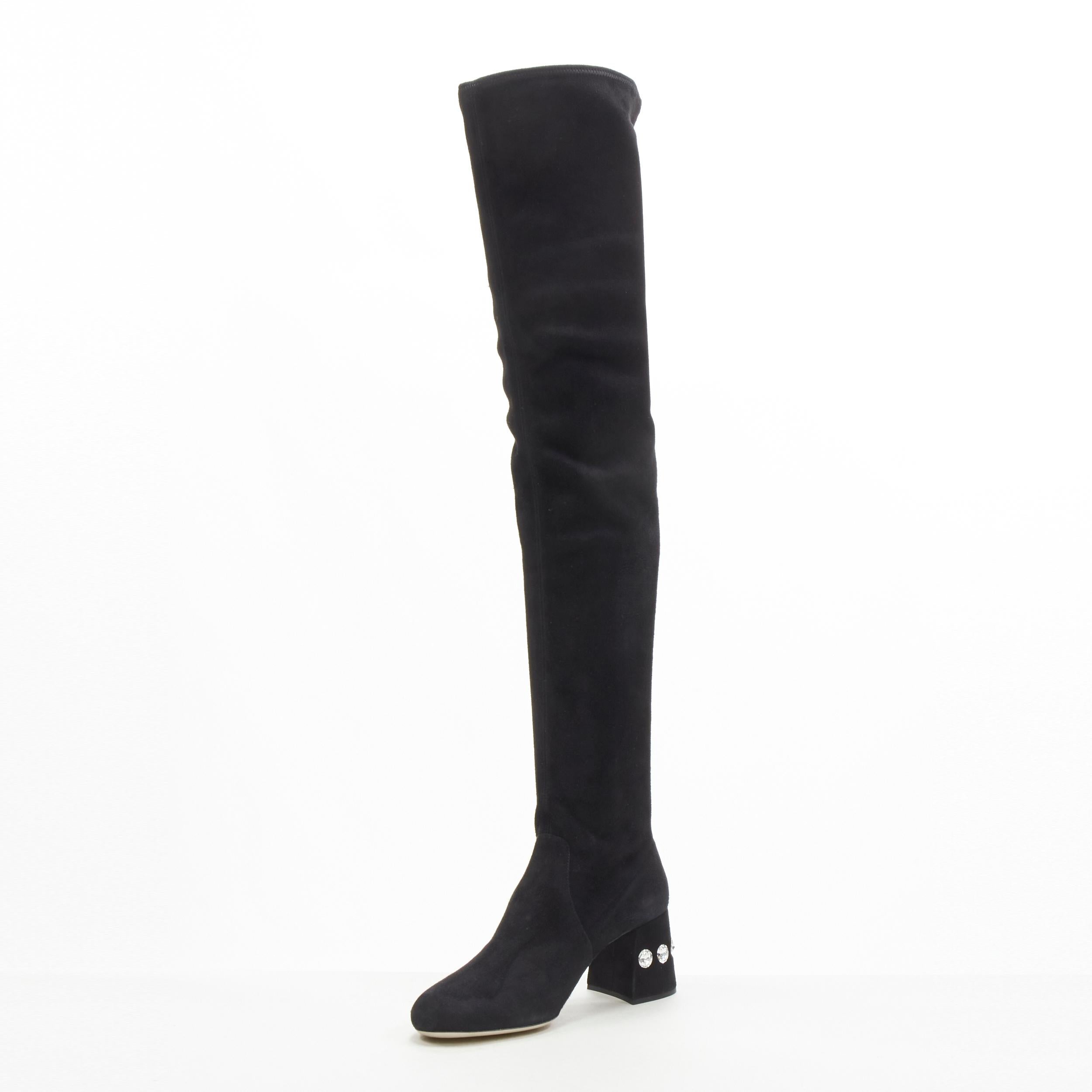 Women's new MIU MIU black suede jewelled crystal heel pull on over knee boot EU36