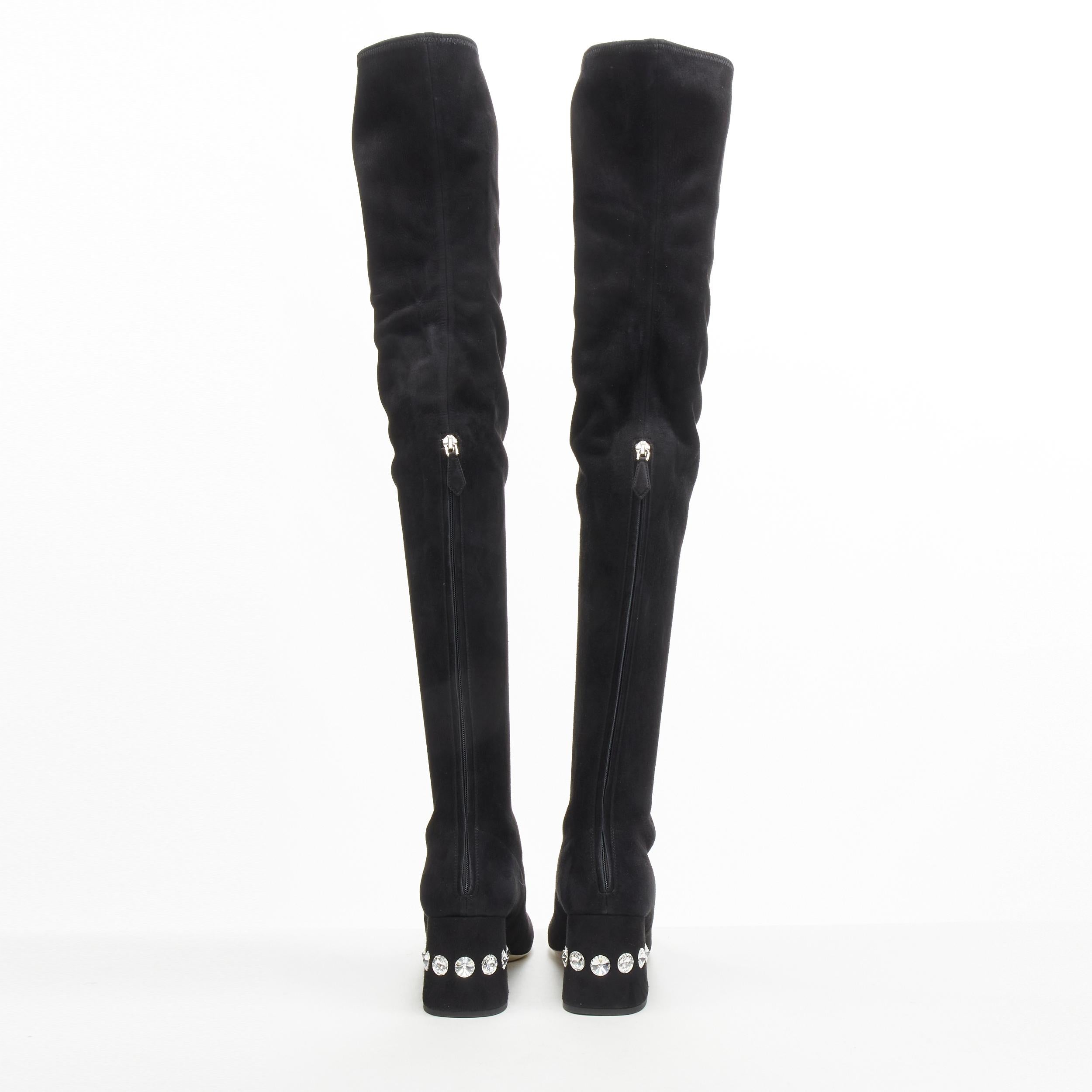 new MIU MIU black suede jewelled crystal heel pull on over knee boot EU36 1