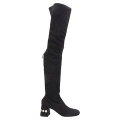 new MIU MIU black suede jewelled crystal heel pull on over knee boot EU36