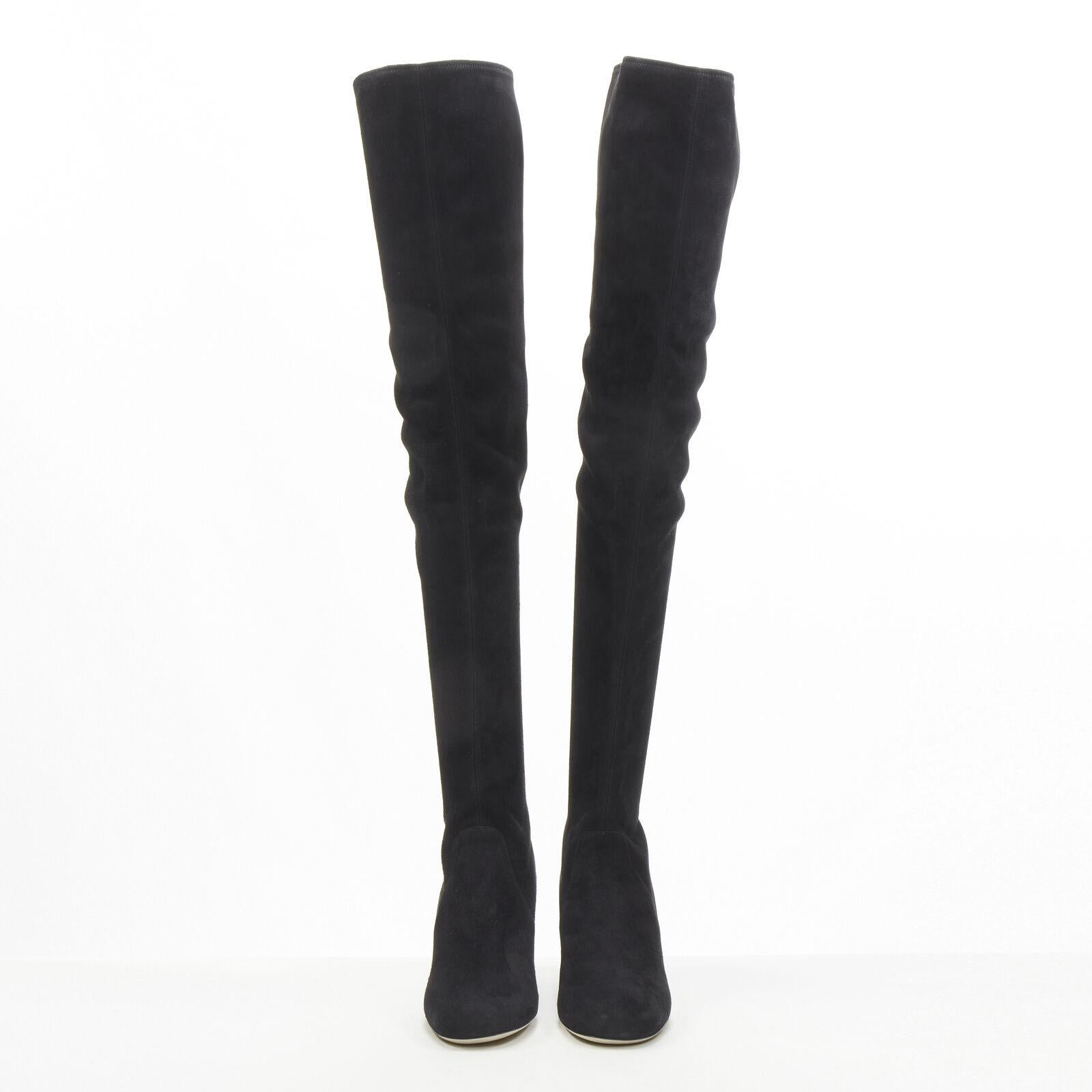 new MIU MIU black suede jewelled crystal heel pull on over knee boot EU37 In New Condition For Sale In Hong Kong, NT