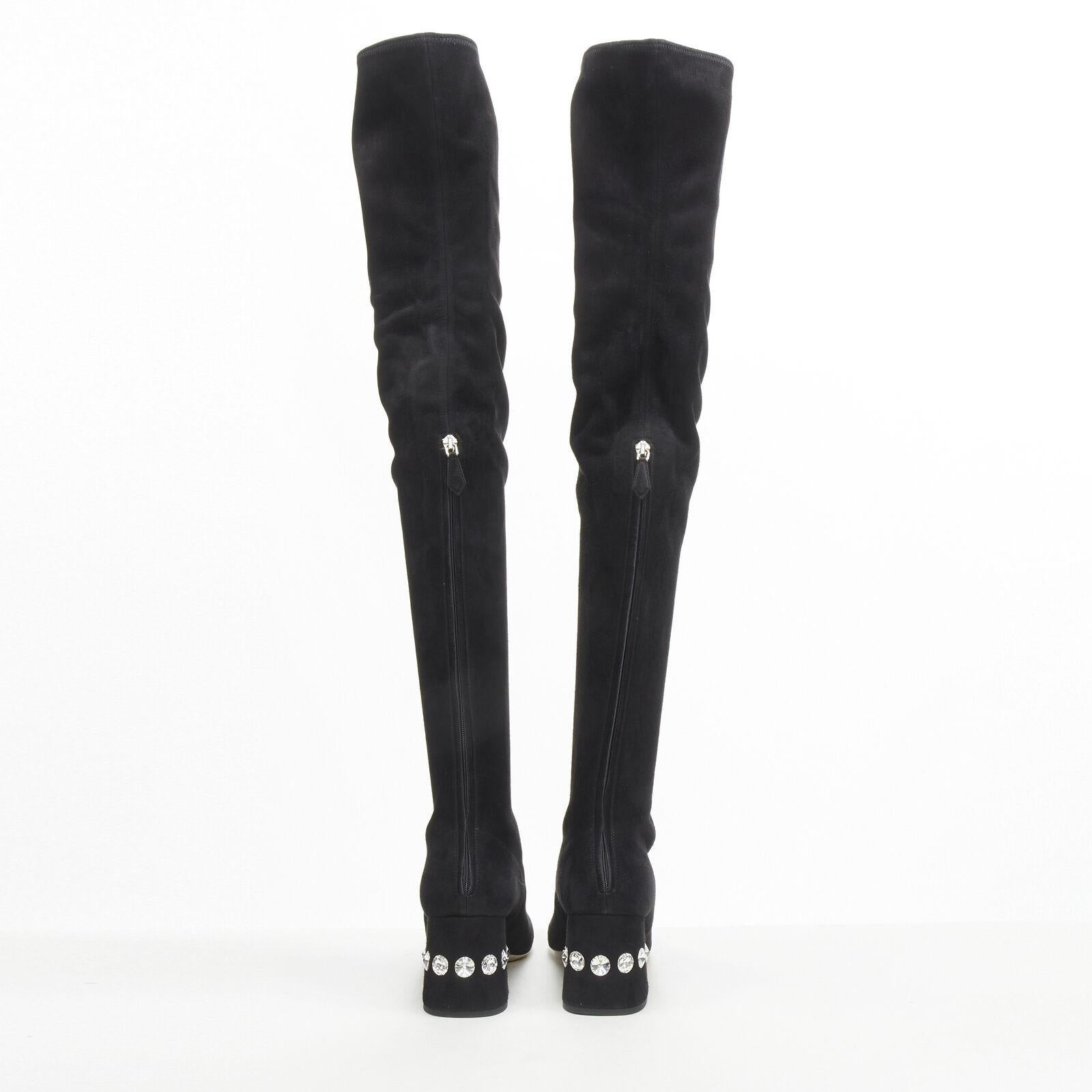 new MIU MIU black suede jewelled crystal heel pull on over knee boot EU37 For Sale 1