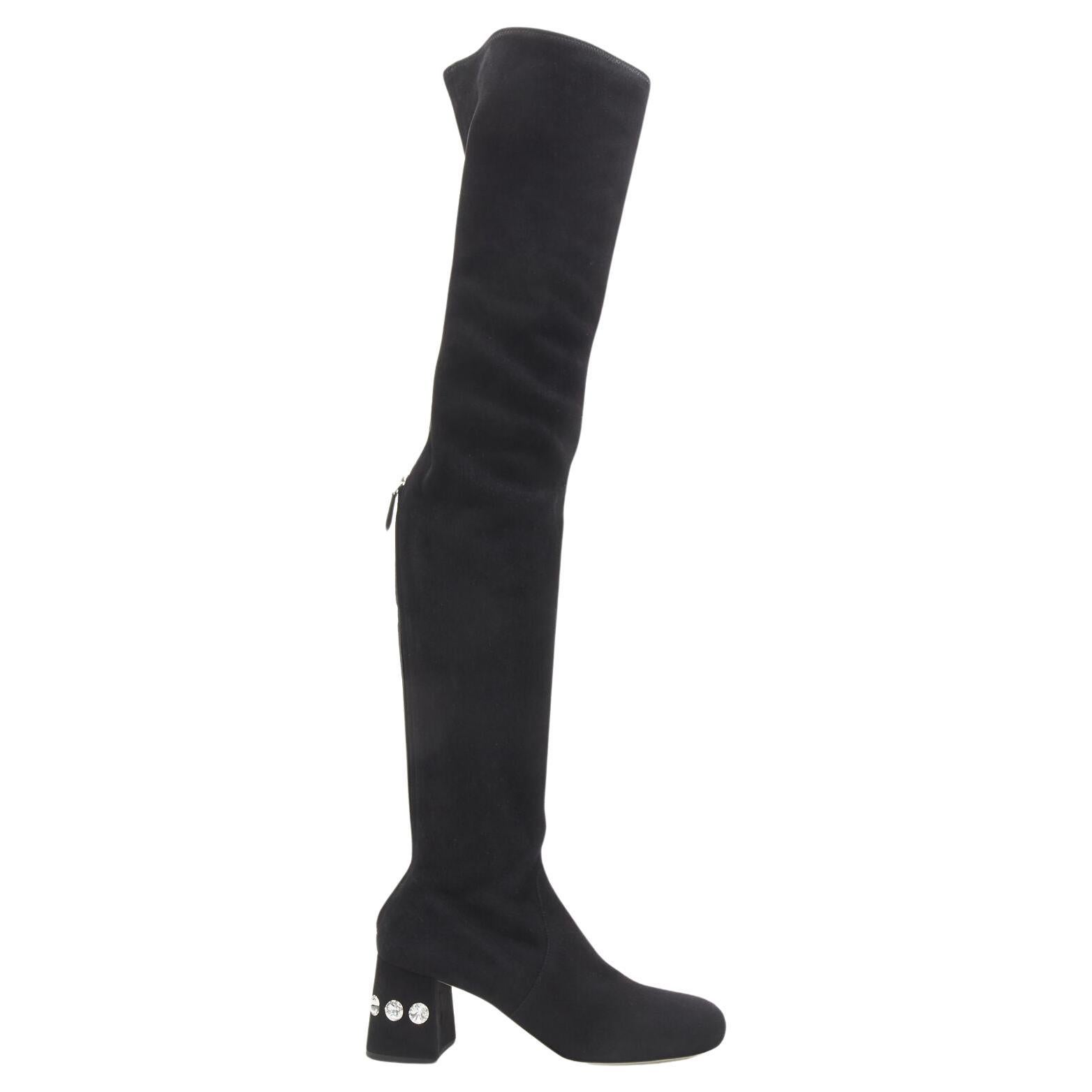 new MIU MIU black suede jewelled crystal heel pull on over knee boot EU37 For Sale