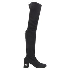 new MIU MIU black suede jewelled crystal heel pull on over knee boot EU37