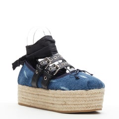 new MIU MIU blue denim espadrille platform punk ribbon ballerina flats EU38