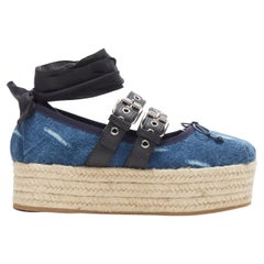 new MIU MIU blue denim espadrille platform punk ribbon ballerina flats EU38