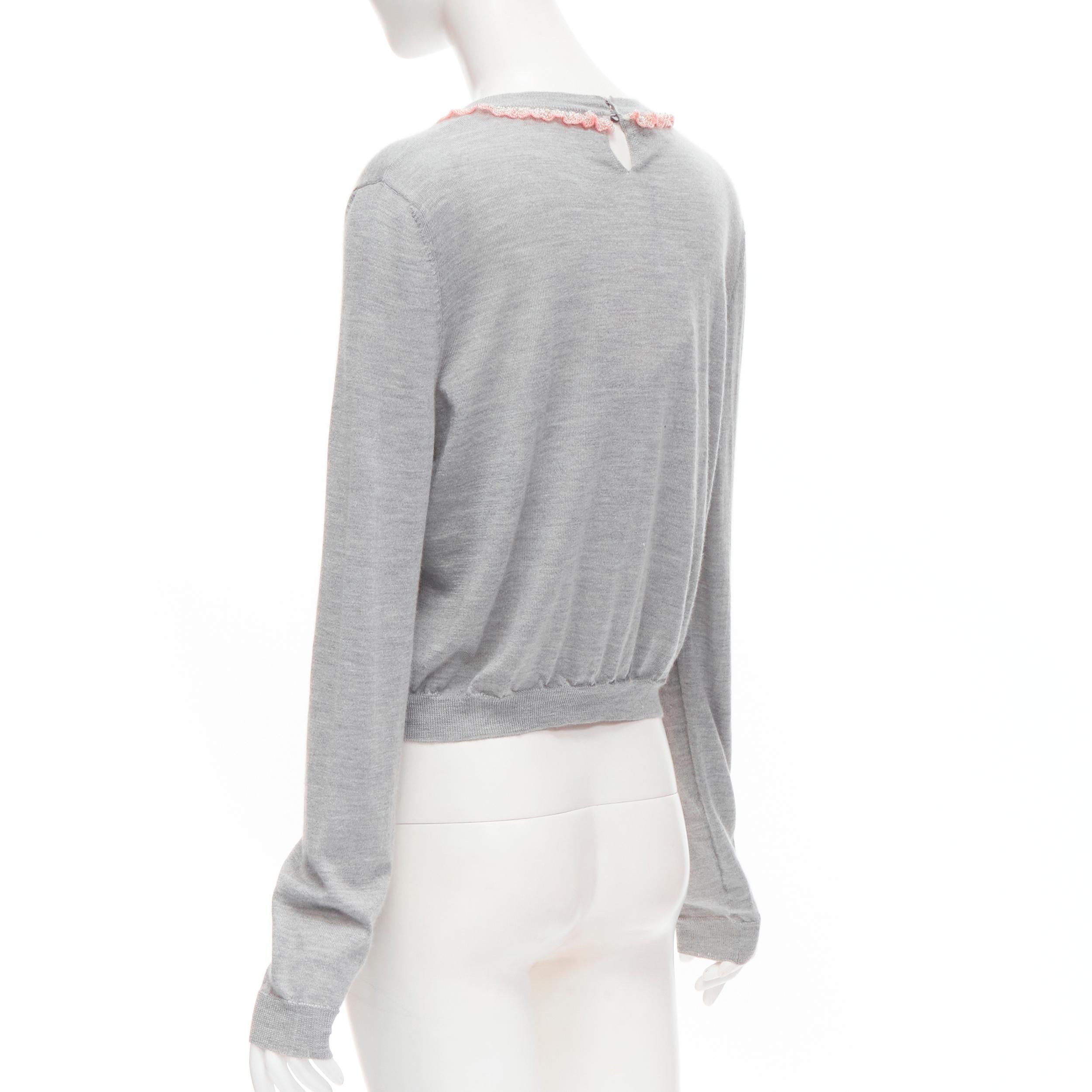 Gray new MIU MIU grey cashmere silk pink floral beaded scalloped trim pullover sweate