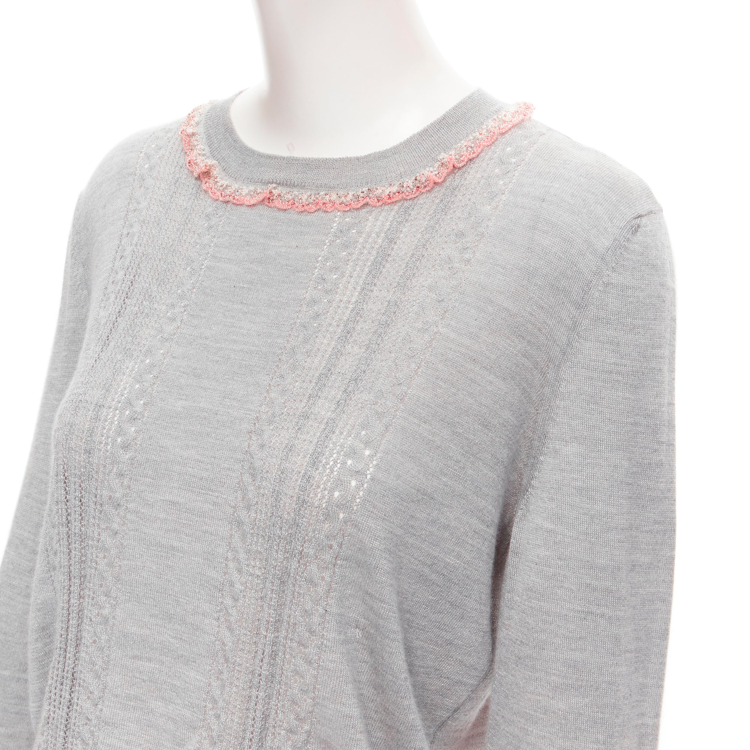 new MIU MIU grey cashmere silk pink floral beaded scalloped trim pullover sweate In New Condition In Hong Kong, NT