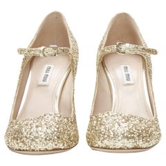 new MIU MIU jewelled crystal rhinestone gold glitter maryjane block heel EU37.5