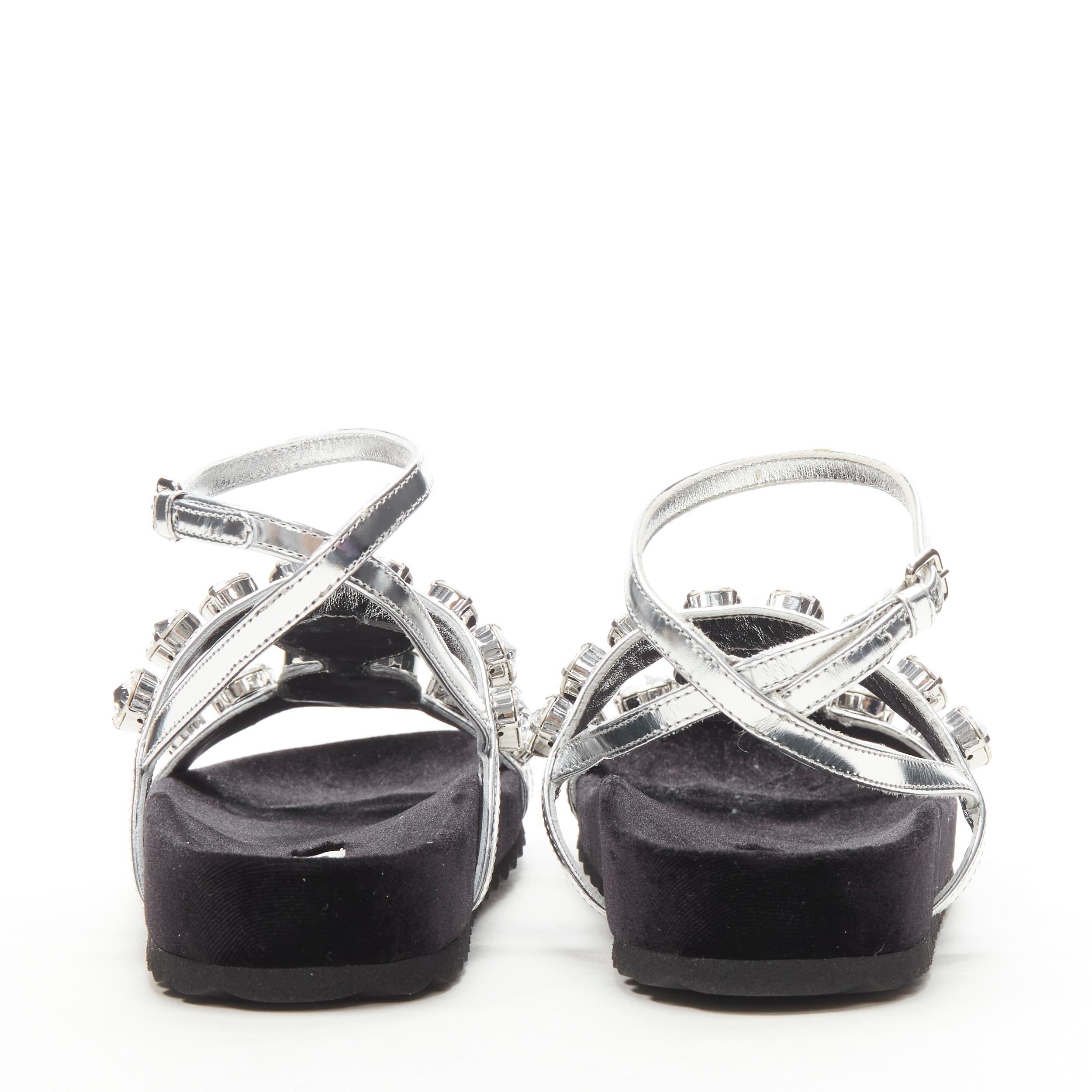Women's new MIU MIU large rhinestone crystal metallic silver velvet flat sandals EU36 For Sale