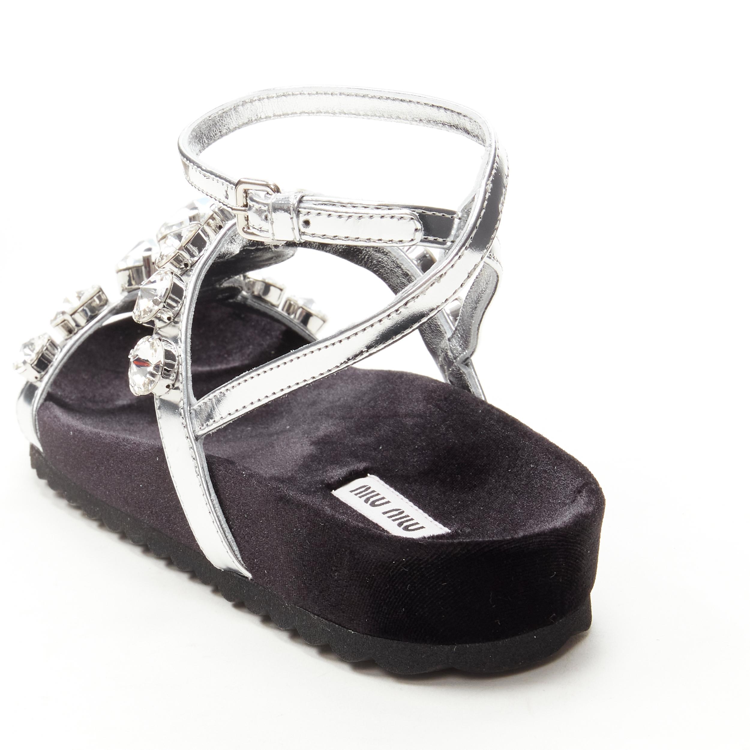 new MIU MIU large rhinestone crystal metallic silver velvet flat sandals EU36 For Sale 3