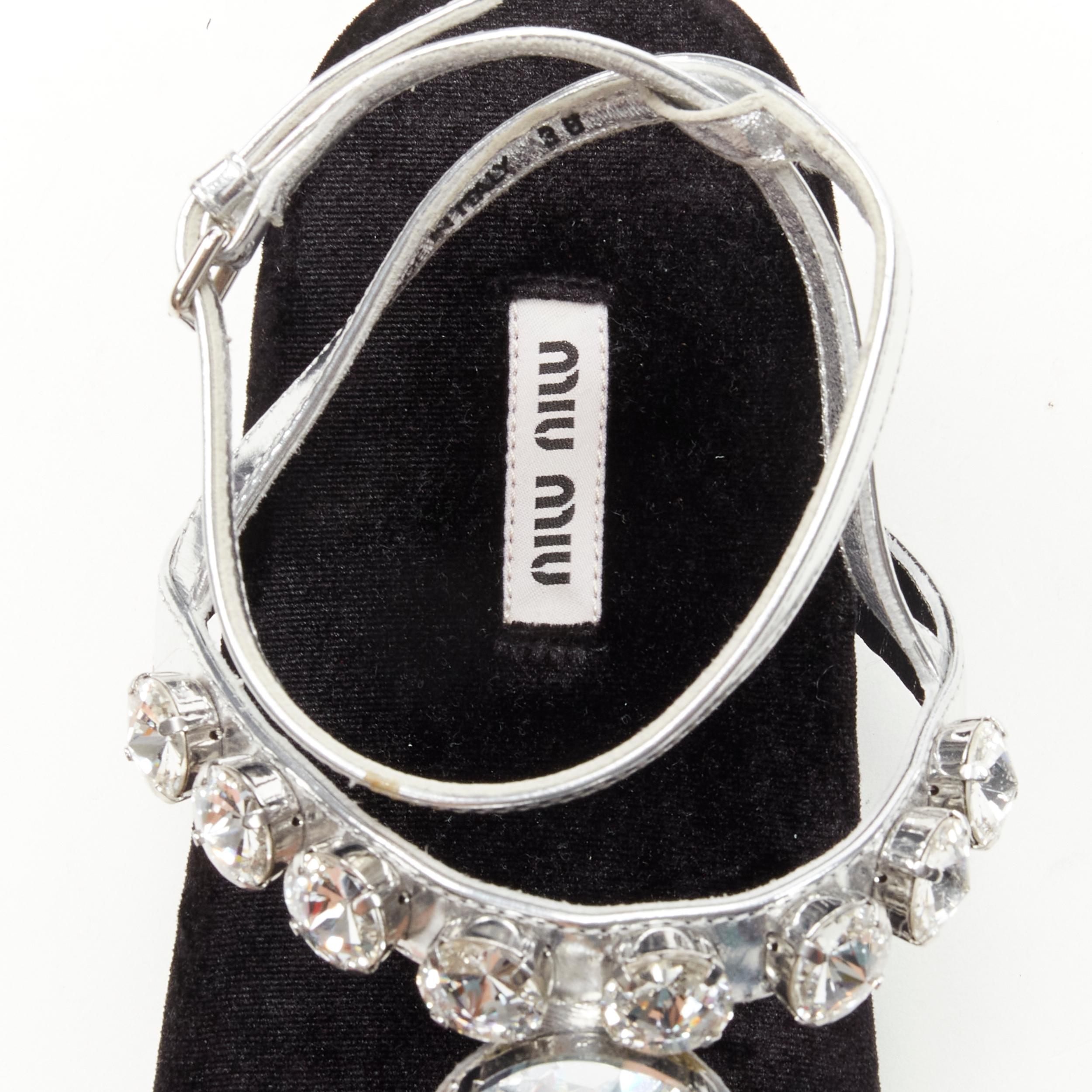 new MIU MIU large rhinestone crystal metallic silver velvet flat sandals EU36 4