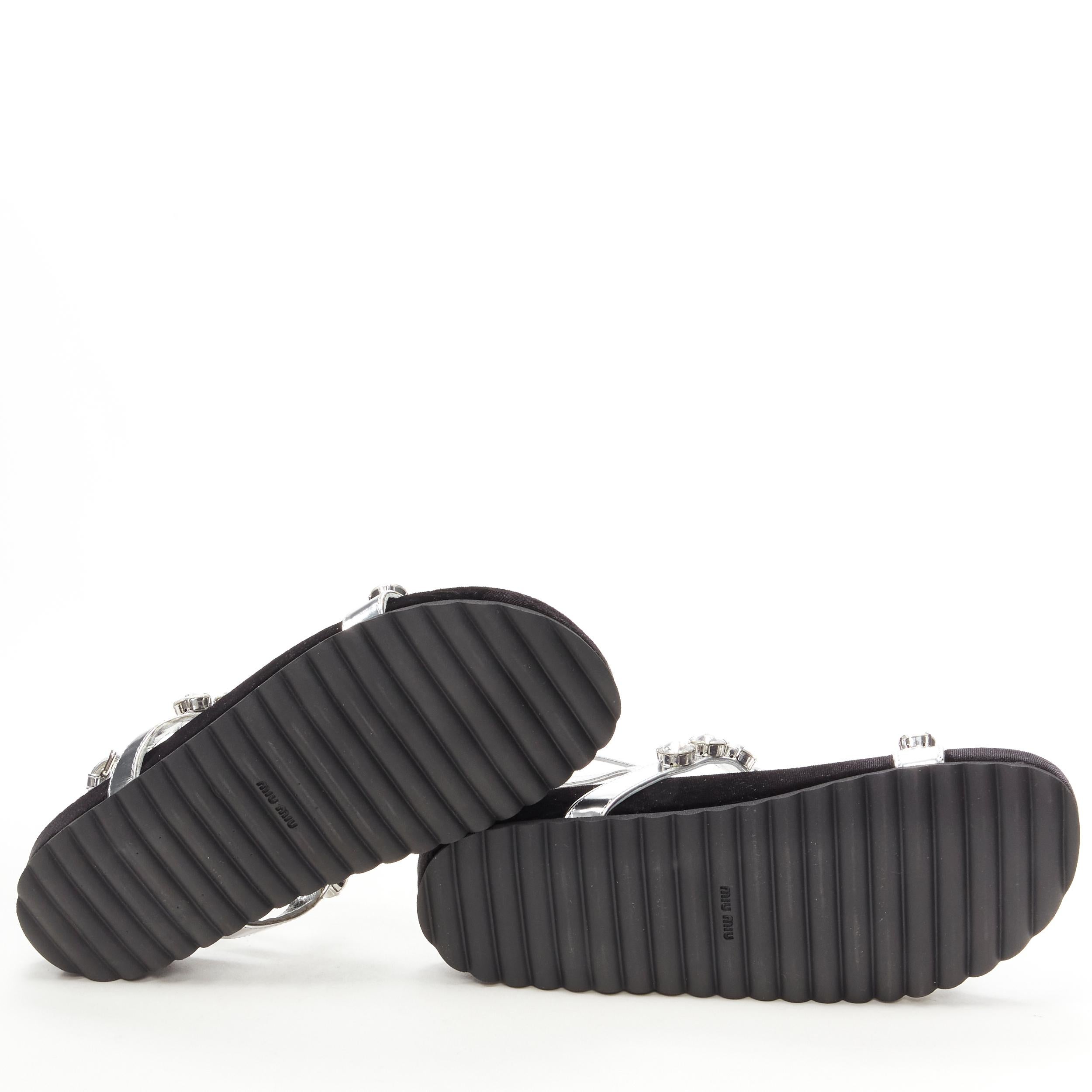 new MIU MIU large rhinestone crystal metallic silver velvet flat sandals EU37 3
