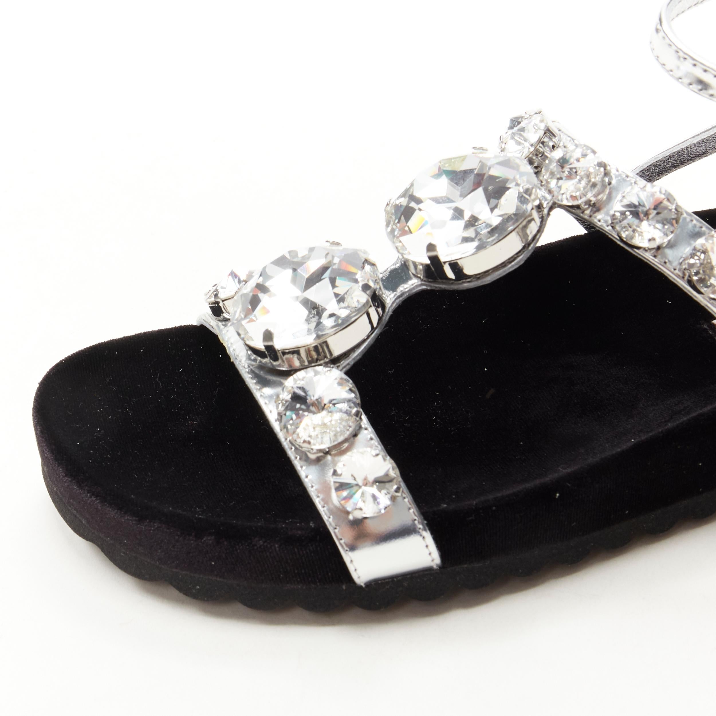 new MIU MIU large rhinestone crystal metallic silver velvet flat sandals EU37 In New Condition In Hong Kong, NT