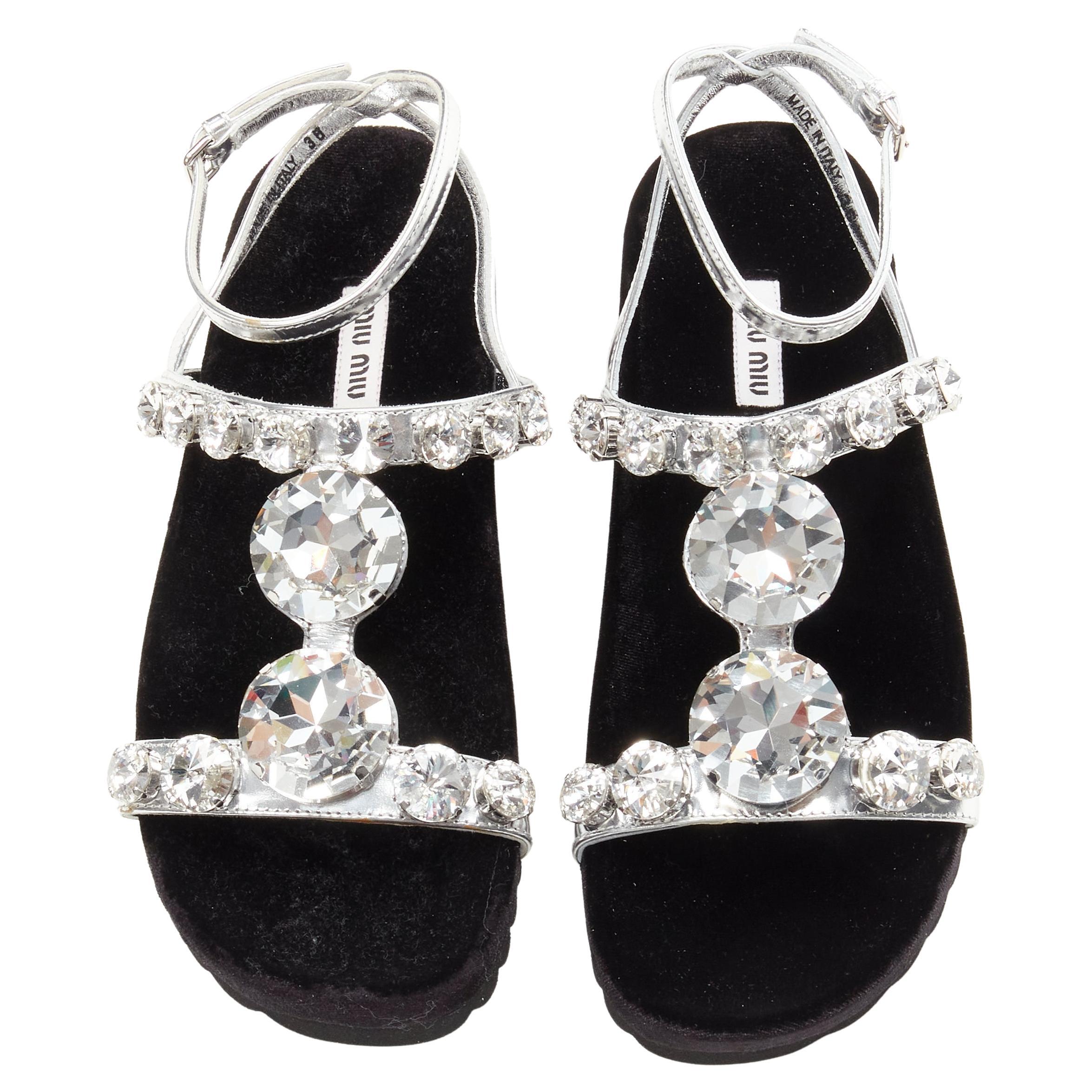 new MIU MIU large rhinestone crystal metallic silver velvet flat sandals EU37 For Sale