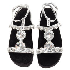 new MIU MIU large rhinestone crystal metallic silver velvet flat sandals EU37