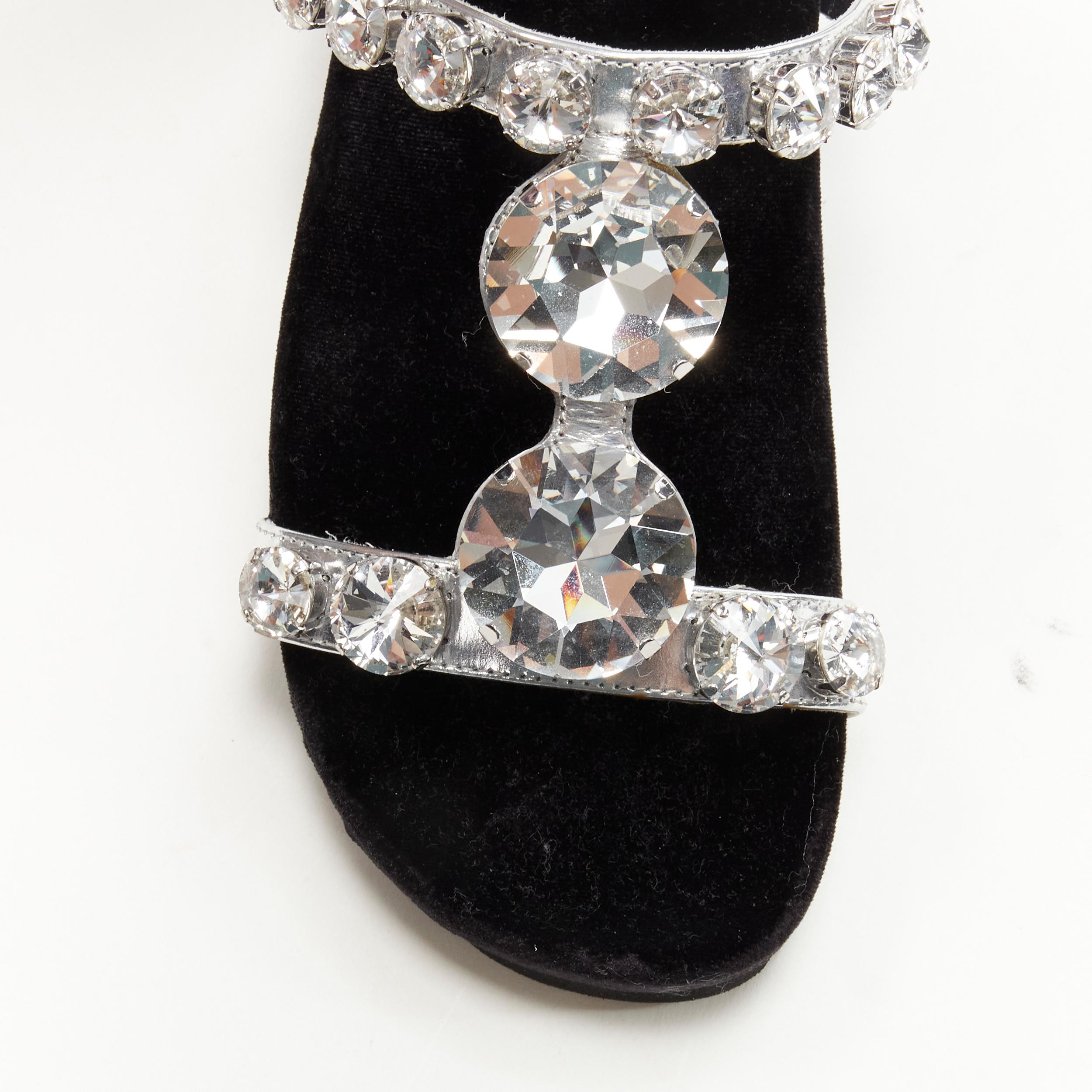 Women's new MIU MIU large rhinestone crystal metallic silver velvet flat sandals EU39